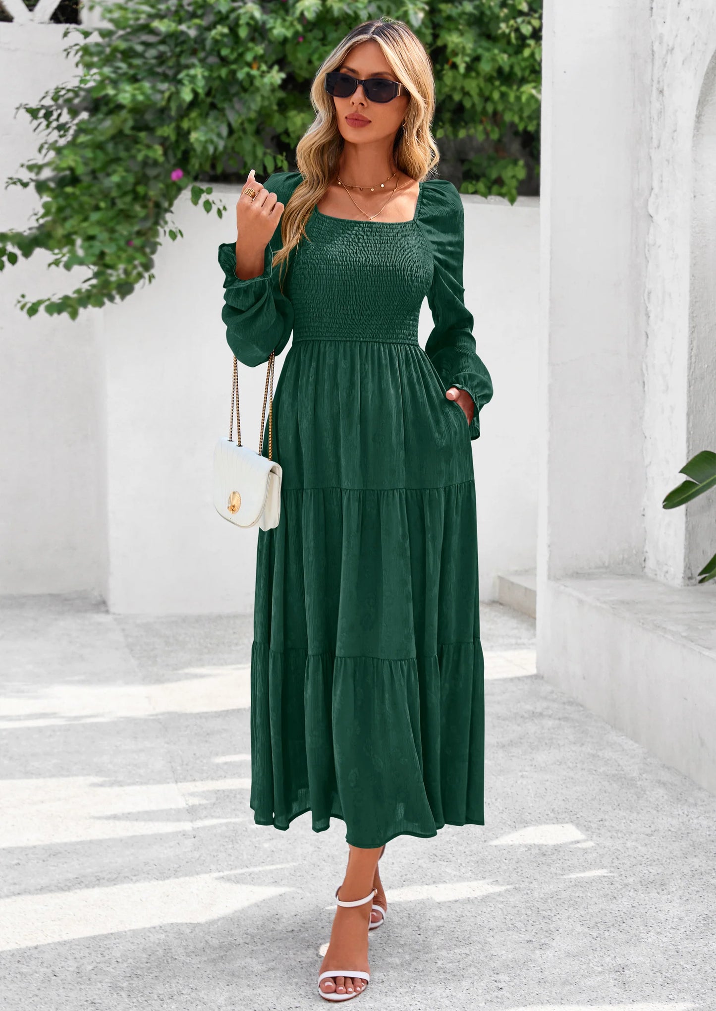 Fall Wedding Guest Dresses for Women Floral Long Sleeve Smocked Tiered Elegant Long Flowy Boho Dress