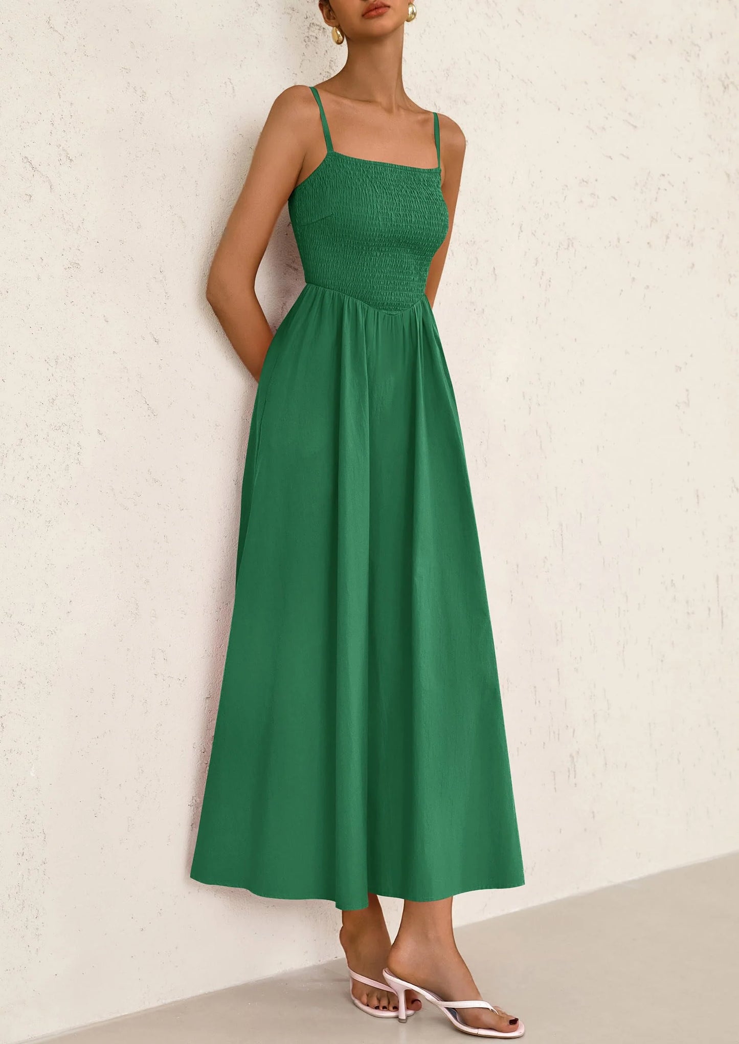 Women's Smocked Maxi Dresses Beach Sundress Casual Spaghetti Strap Swing A Line Long Flowy Dress