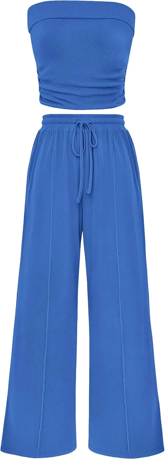 2 Piece Sets Casual Ribbed Knit Crop Tube Top Wide Leg Pants Lounge Set