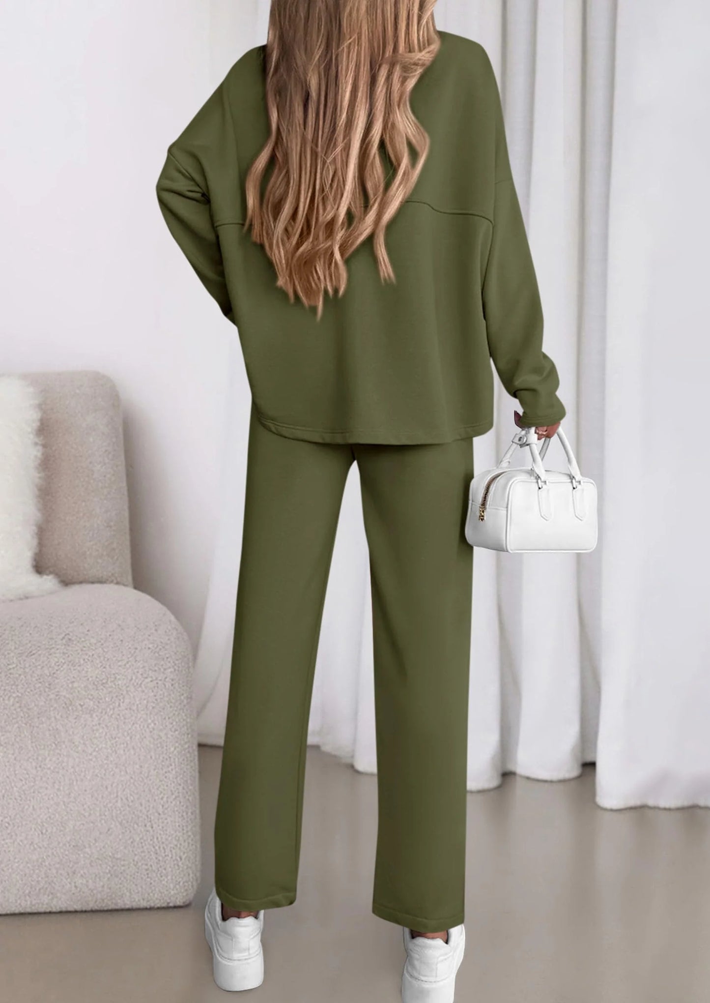 Womens 2 Piece Matching Lounge Sets Fall Long Sleeve Boatneck Sweatsuit Drawstring Sweatpants Pockets