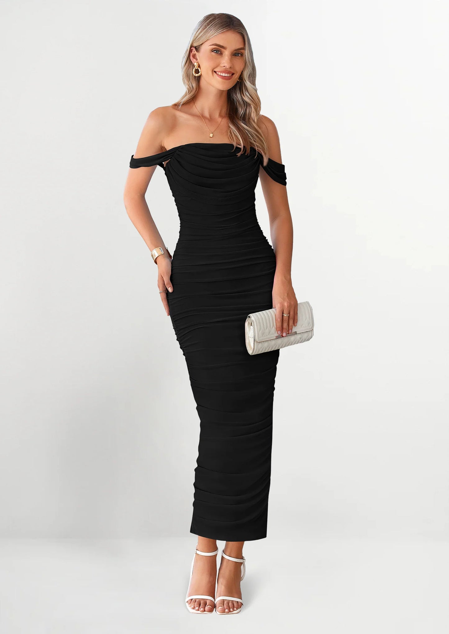 Womens Off The Shoulder Dress Ruched Bodycon Sleeveless Split Cocktail Party Maxi Dresses