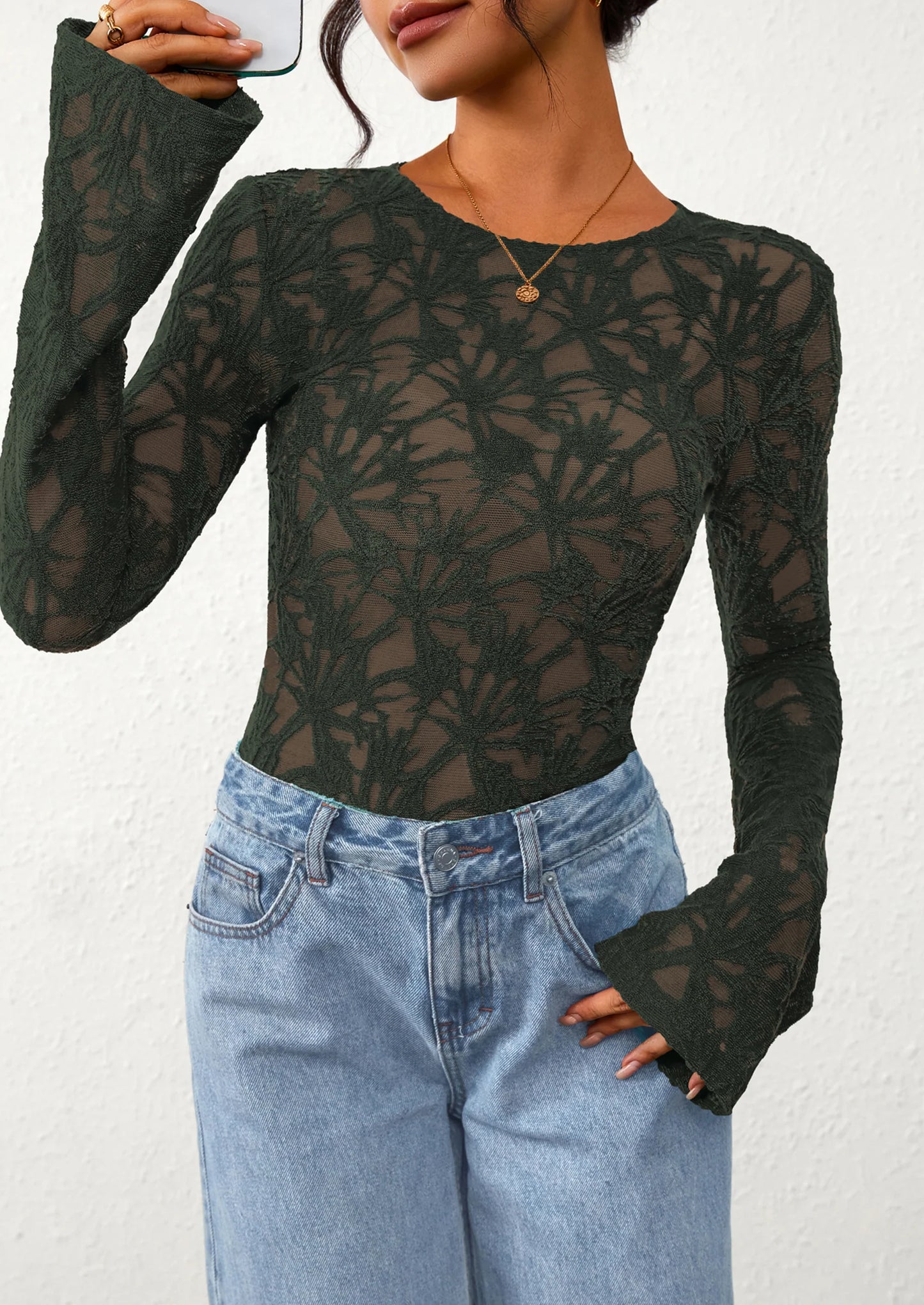 Womens Lace Long Bell Sleeve Tops Fall Sexy See Through Sheer Floral Blouse Shirt Fitted Going Out Outfits