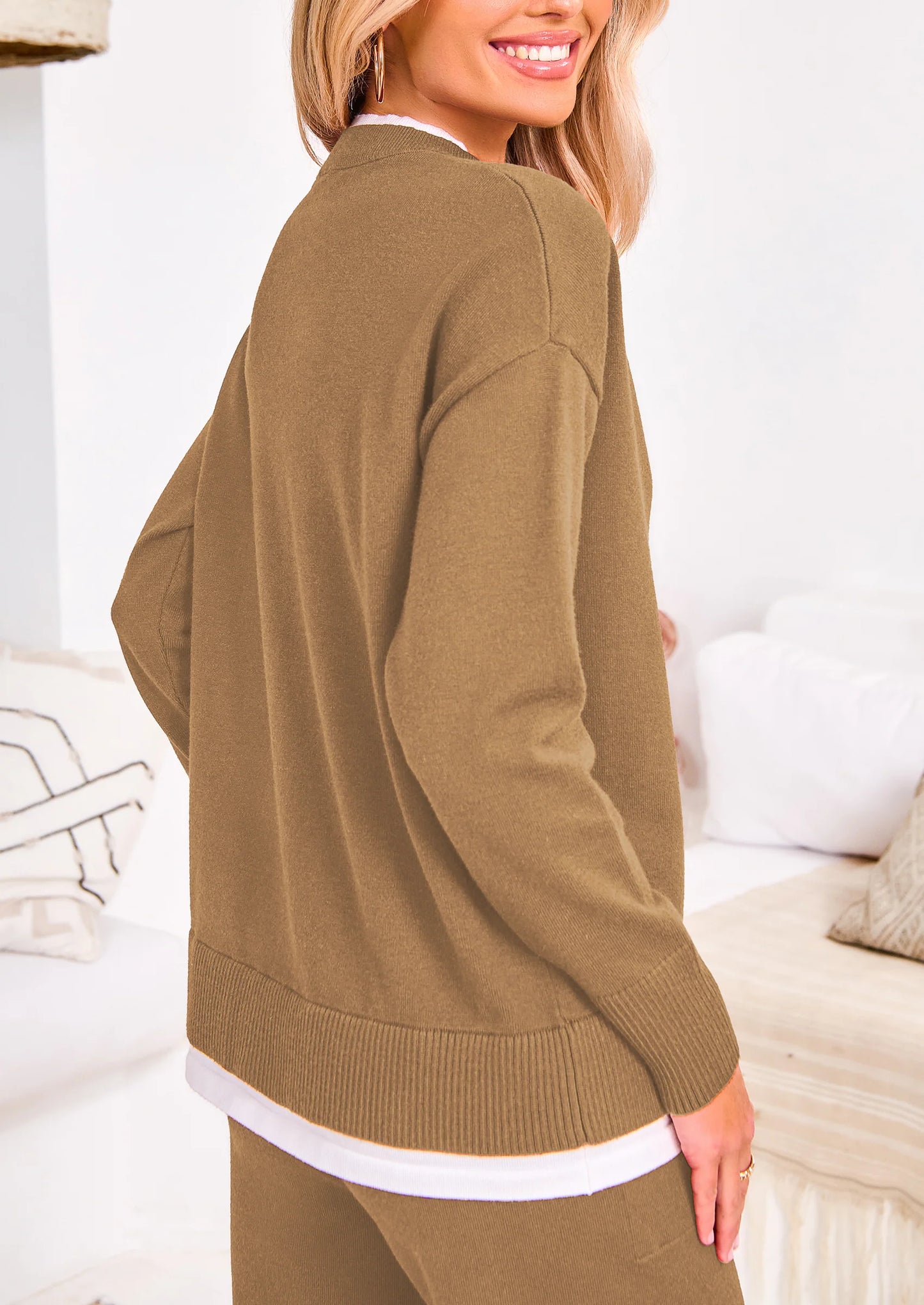 Two Piece Matching Sweater Lounge Sets Knit Long Sleeve Pullover Tops Wide Leg Pants