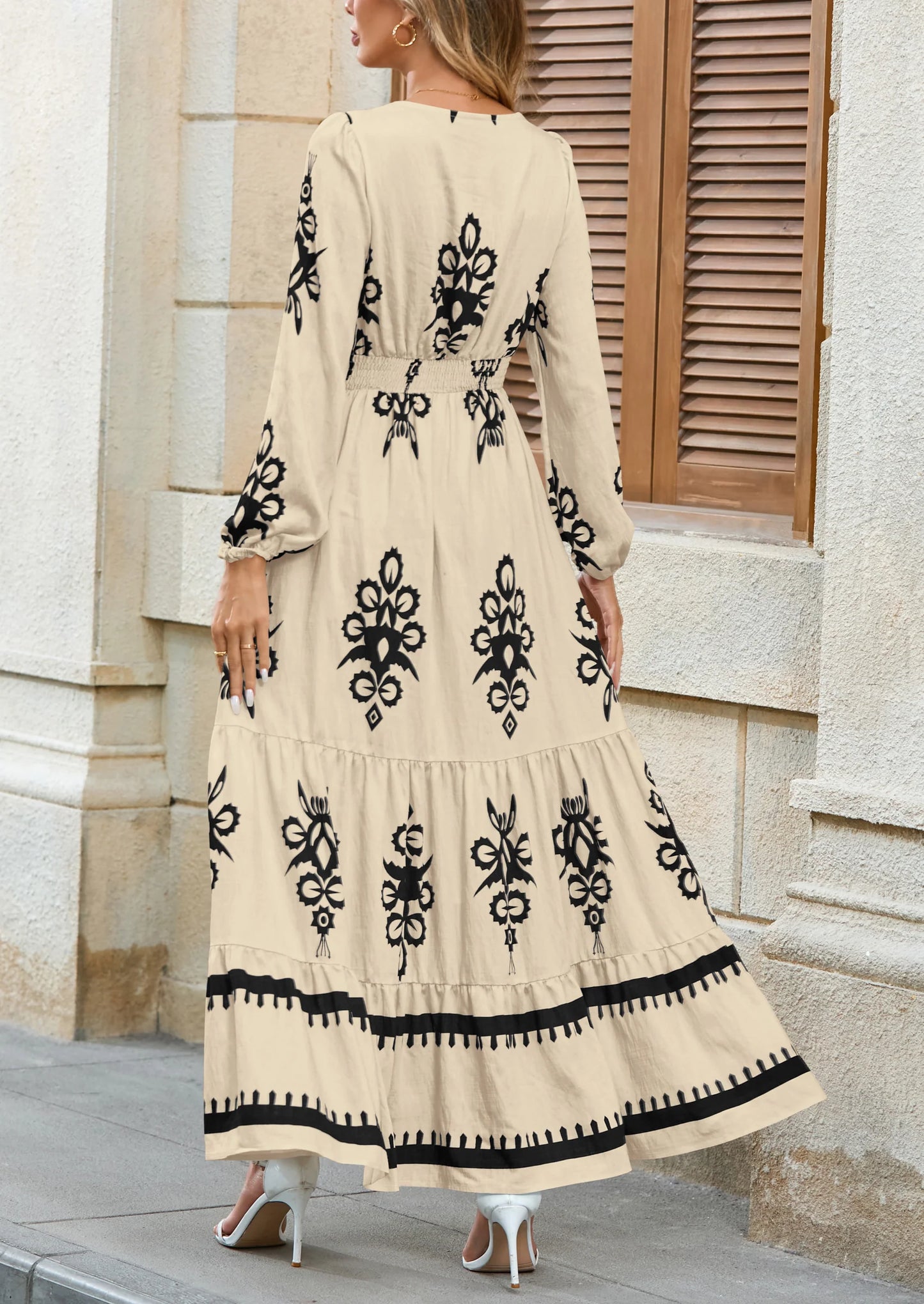 Women's Fall Wedding Guest Dresses Boho Floral Long Sleeve V Neck Flowy Elegant Maxi Dress Beach Clothes