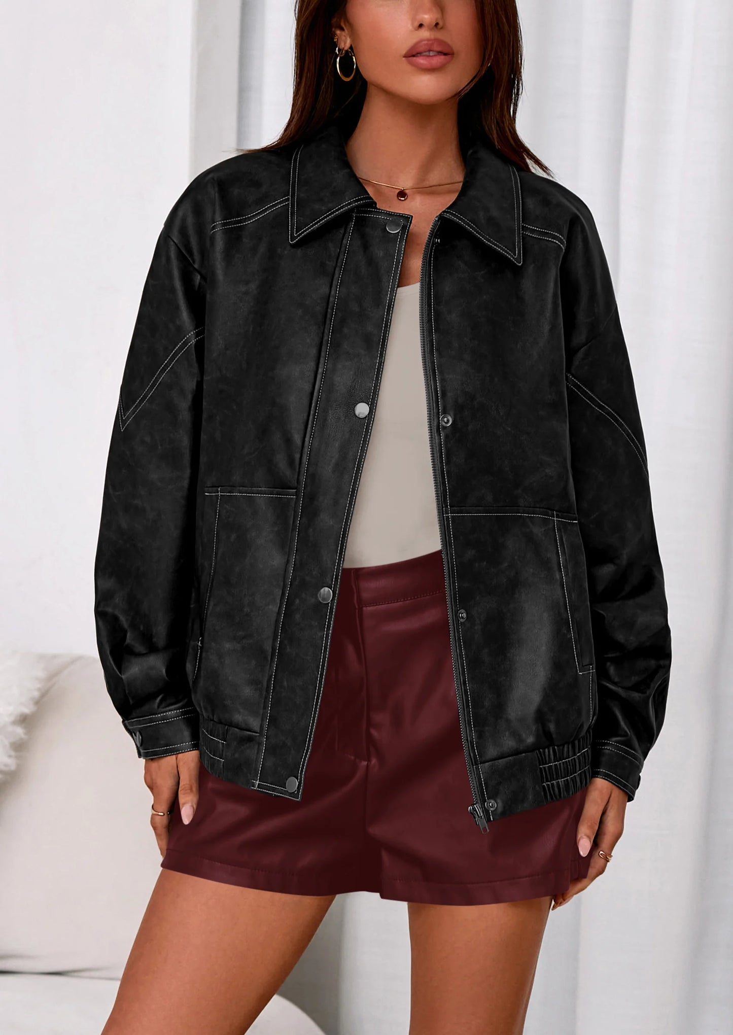 Faux Leather Jacket Women Bomber Motorcycle Zip Up Jackets Oversized Fall Fashion Outfits Winter Coats