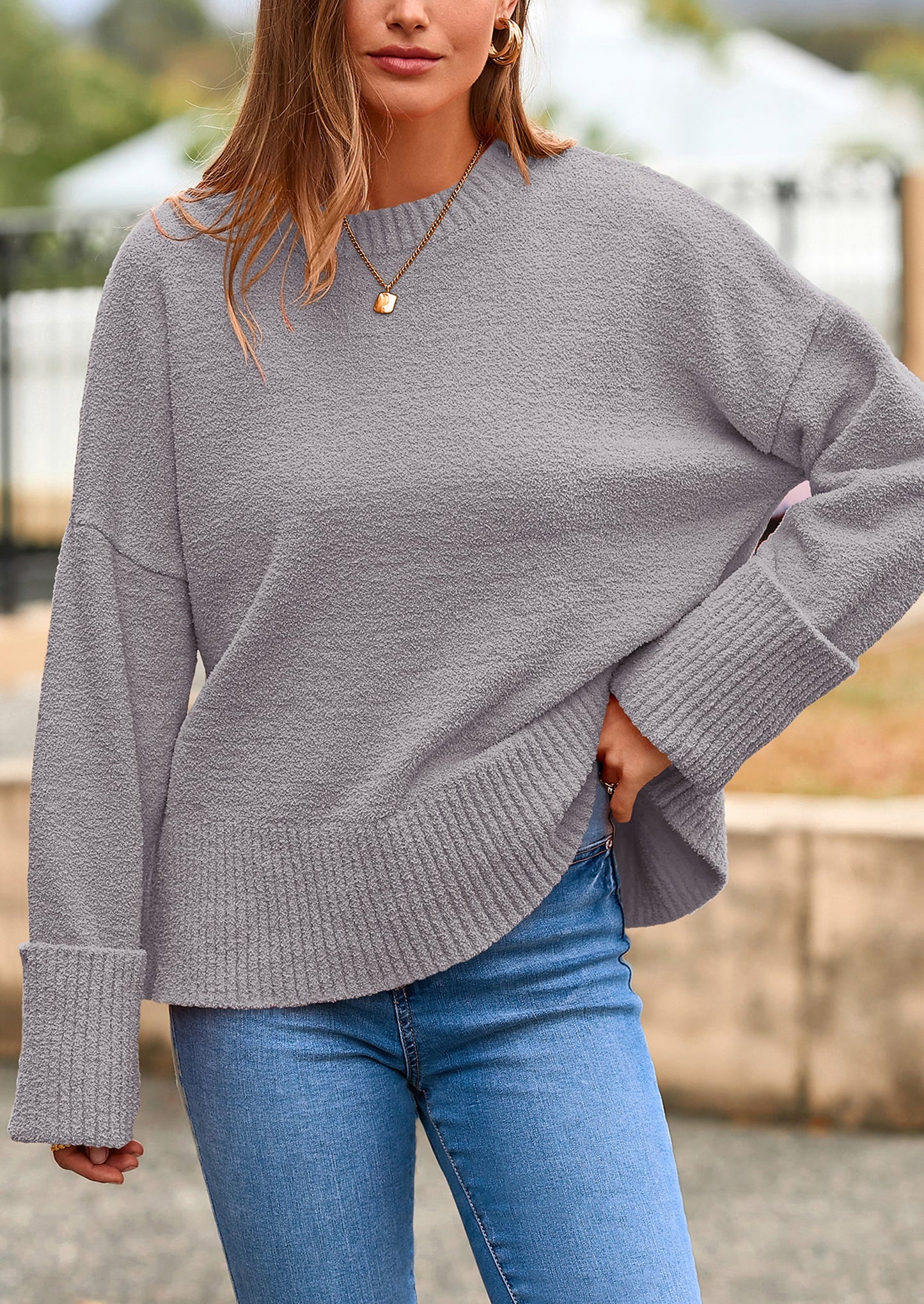 Women's Fall Oversized Sweaters Casual Crewneck Pullover Long Sleeve Fuzzy Chunky Knit Tops Blouse