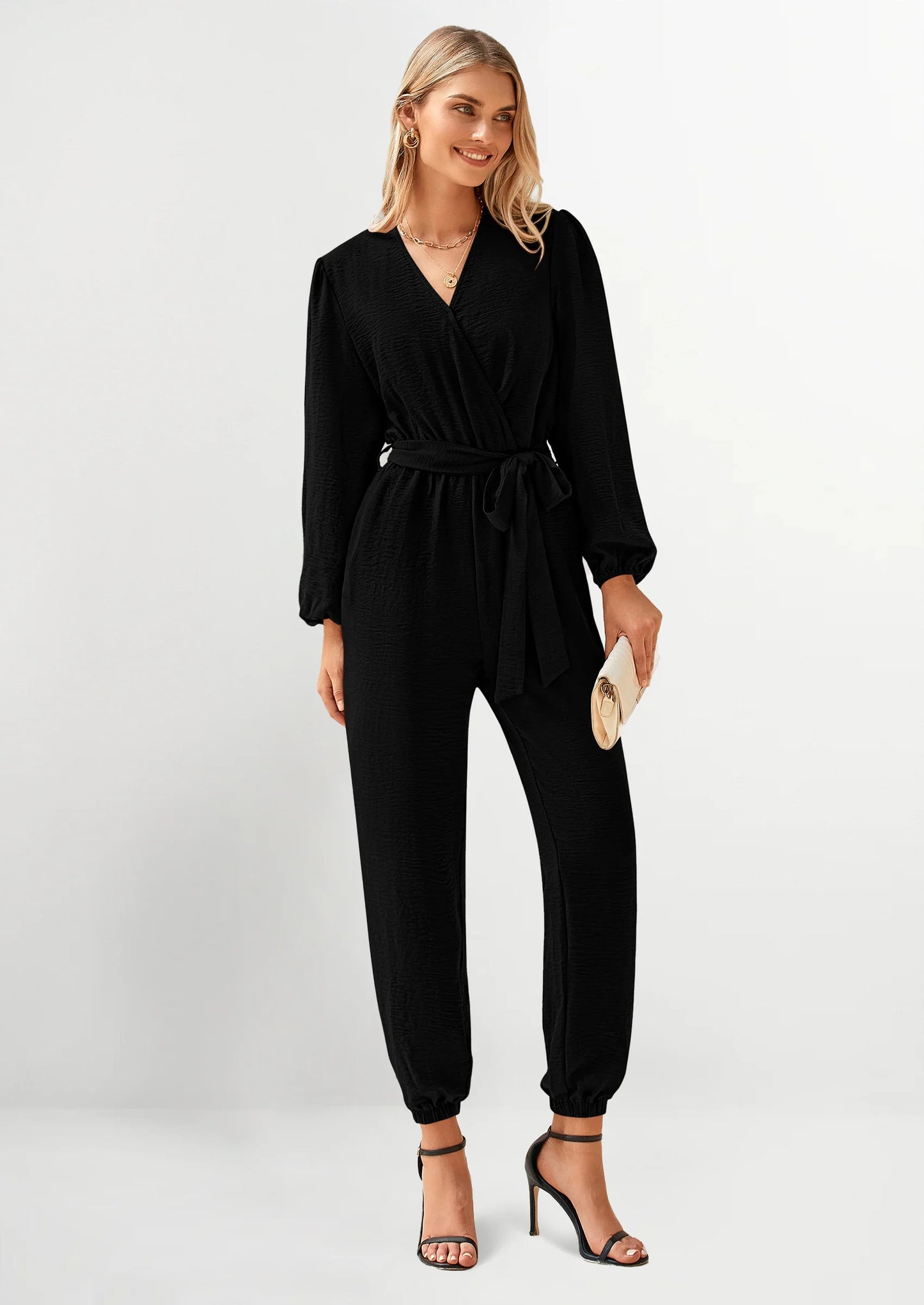 Women's Fall Jumpsuits Dressy Casual Pants Romper Spring Long Sleeve V Neck Belt Pockets One Piece Outfits