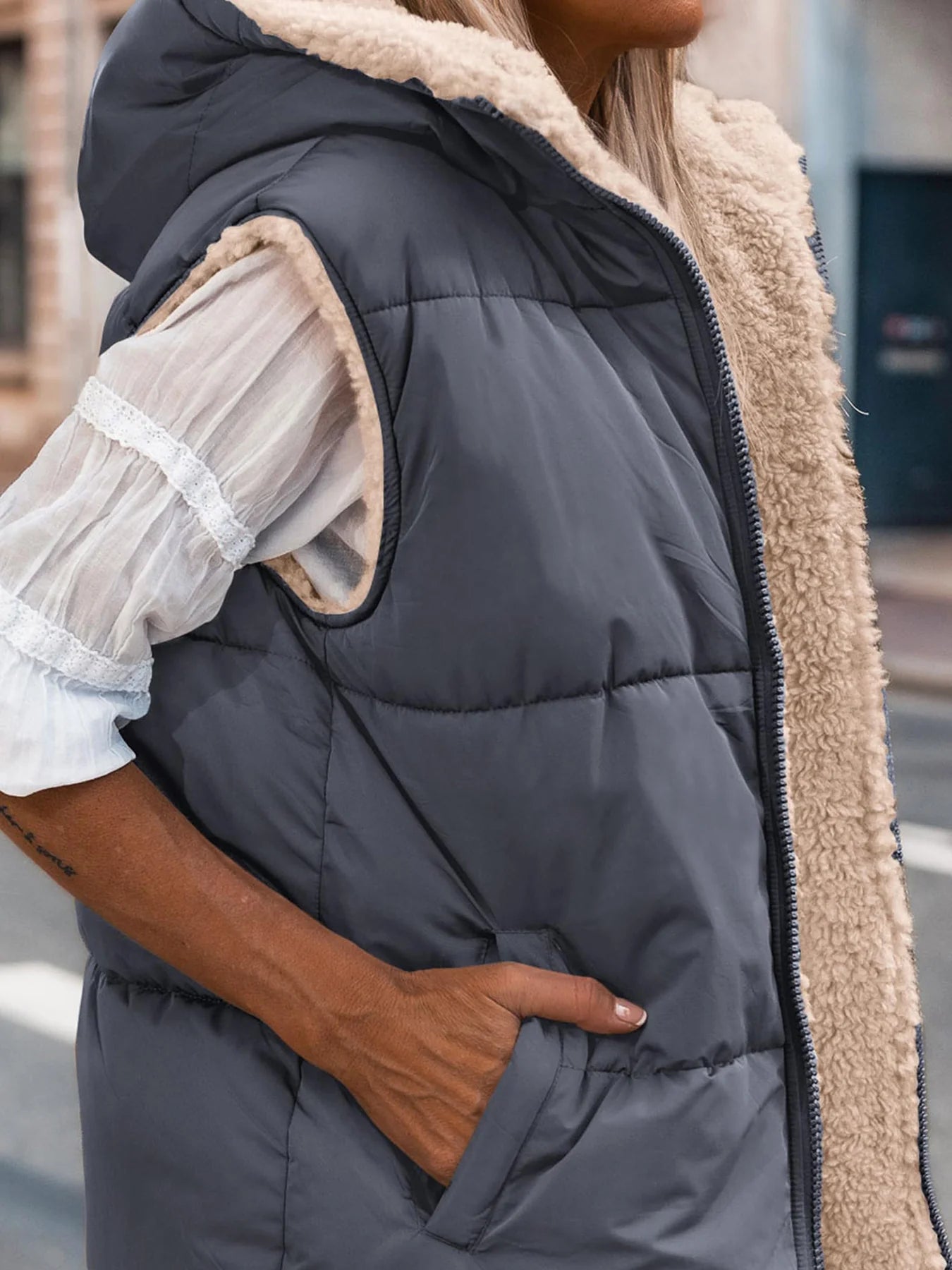 Womens Fall Reversible Vests Sleeveless Fleece Jacket Zip Up Hoodie Pockets Long Warm Winter Coat Outerwear