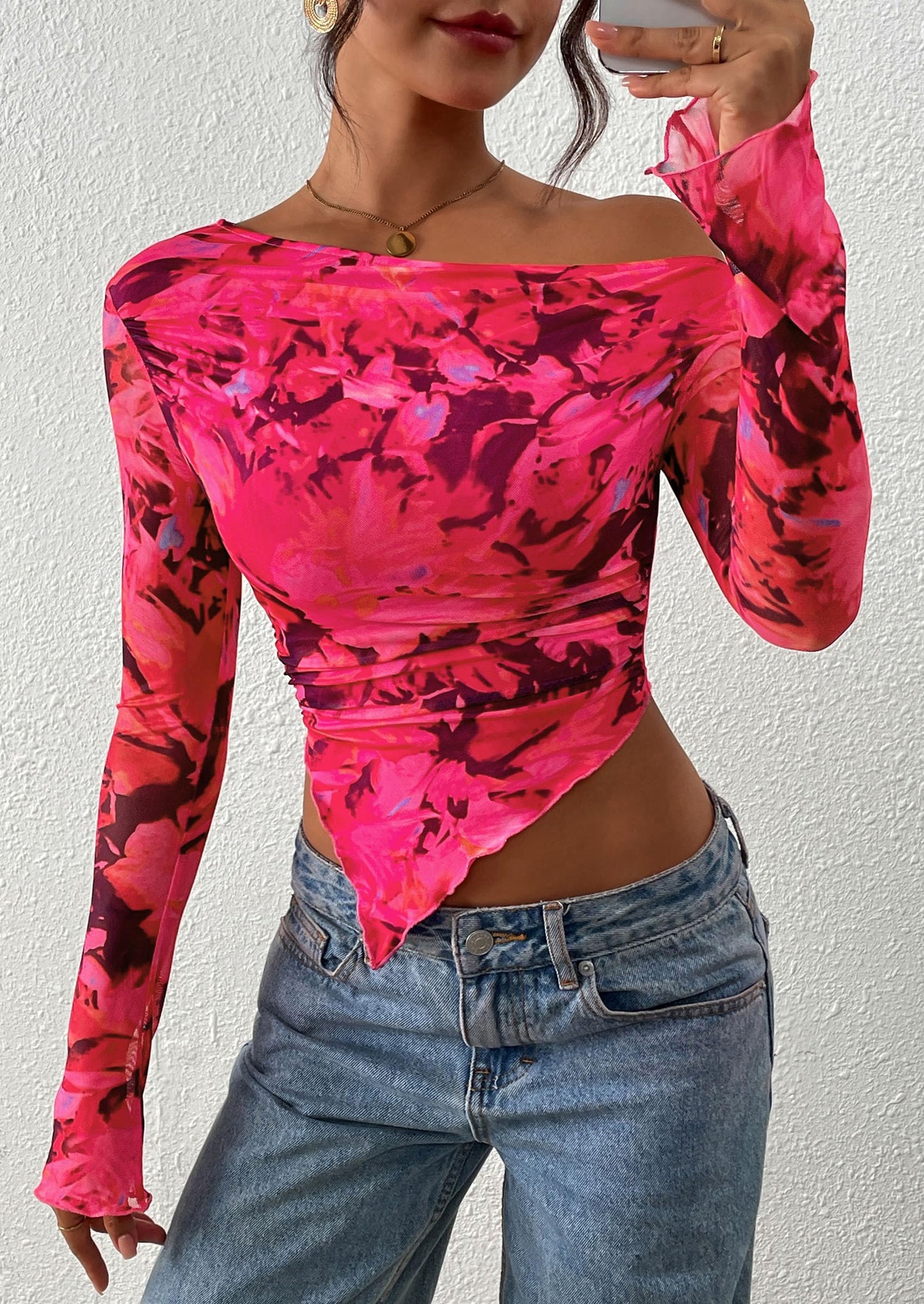 Womens Fall Trendy Off Shoulder Tops Tie Dye Mesh Long Sleeve Shirts Asymmetrical Ruched Floral Blouse