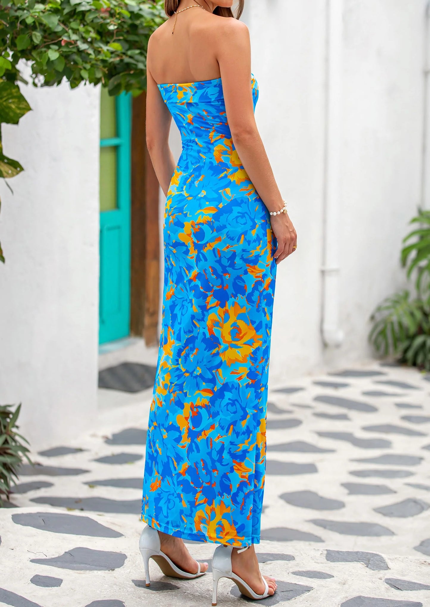 Womens Printed Tube Maxi Dress Strapless Bodycon Sleeveless Night Out Long Dresses