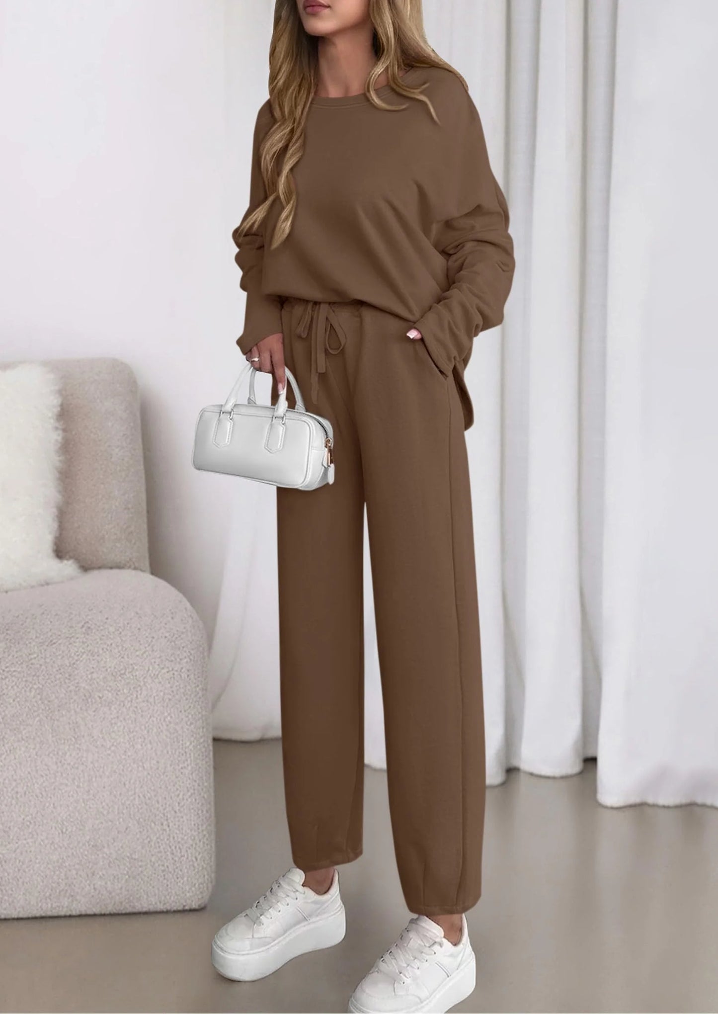 Womens 2 Piece Matching Lounge Sets Fall Long Sleeve Boatneck Sweatsuit Drawstring Sweatpants Pockets