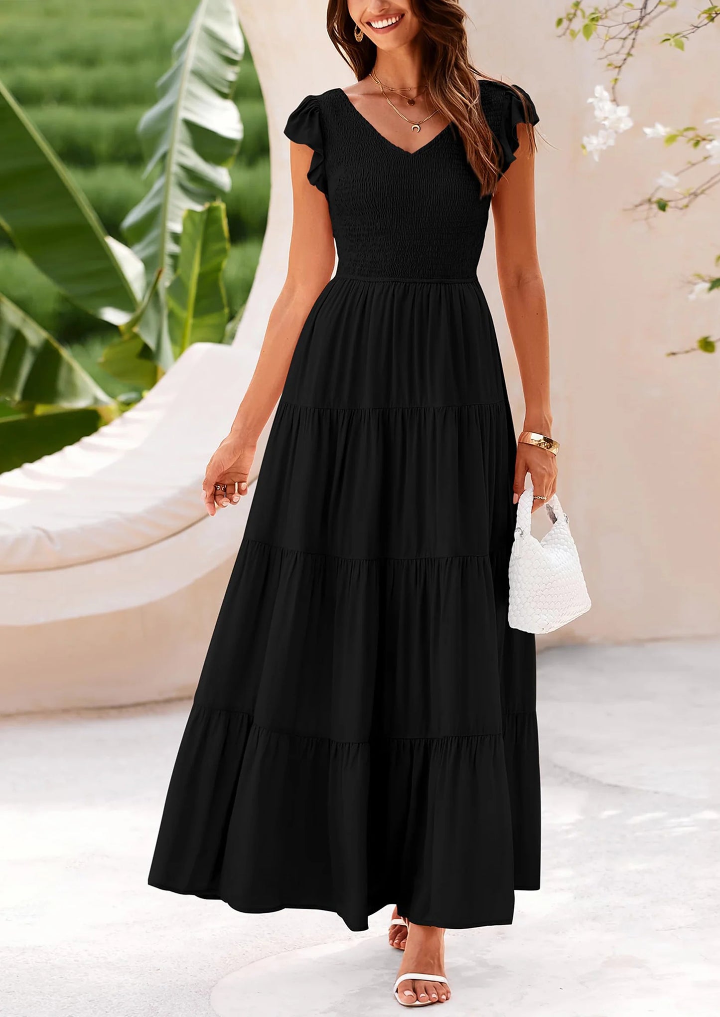 Women's Flowy Maxi Dress Casual Cap Sleeve V Neck Smocked Beach Sundress