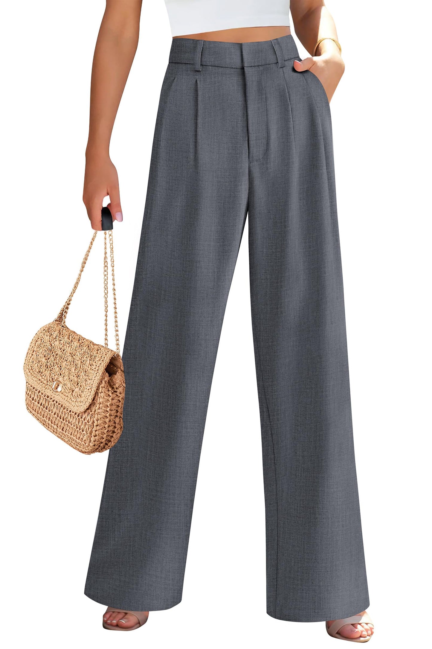 Women's Summer Elastic High Waisted Work Pants Straight Leg Dressy Business Casual Trousers Slacks Pockets