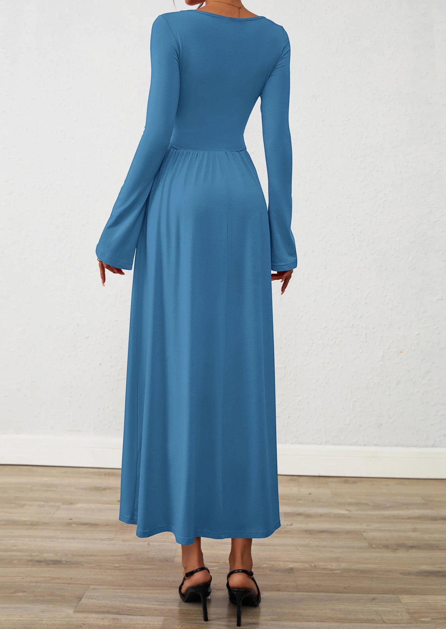 BTFBM Long Sleeve Maxi Dresses for Women Fall Casual Ruched Boat Neck Flowy Elegant Formal Wedding Guest Dress