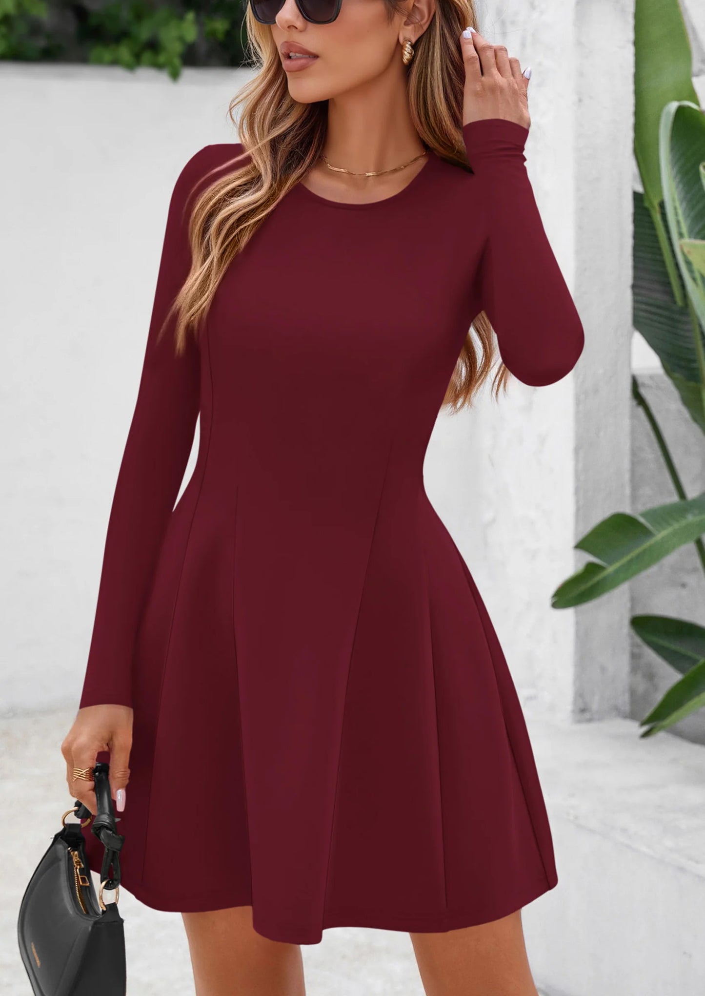 Long Sleeve Mini Dress for Women Fall Crewneck Knit Pleated Babydoll A Line Soft Casual Short Party Dresses