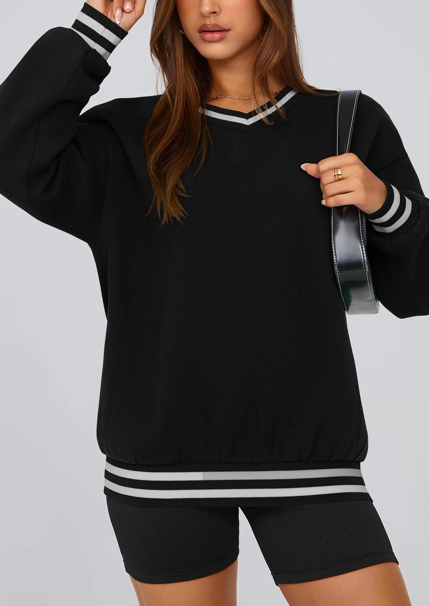 Women's Oversized Sweatshirts Casual Long Sleeve Stripes Knit V Neck Pullover Top Fall Teens Preppy Clothes