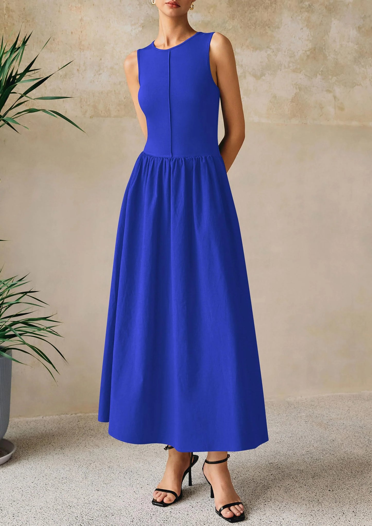 Women Maxi Dresses Casual Sleeveless Patchwork Knit Tank Dress Flowy Beach Sundress Long Dress