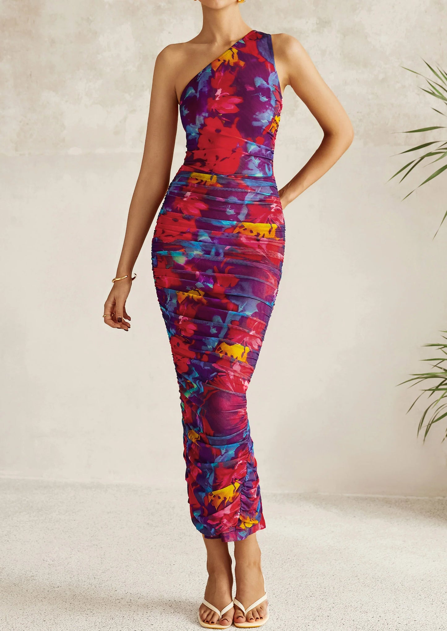 Women's One Shoulder Bodycon Dresses Ruched Floral Beach Cocktail Wedding Guest Dress