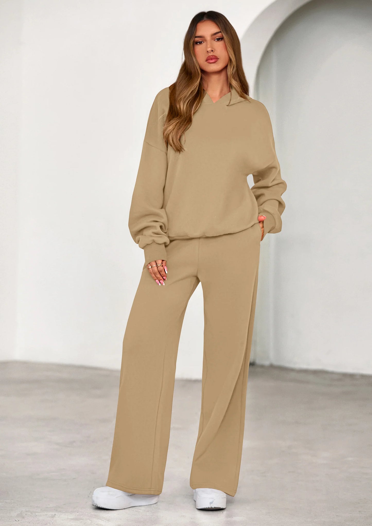 Womens Sweatsuits 2 Piece Set Casual Winter Long Sleeve Hoodie Loose Wide Leg Sweatpants Fall Tracksuit