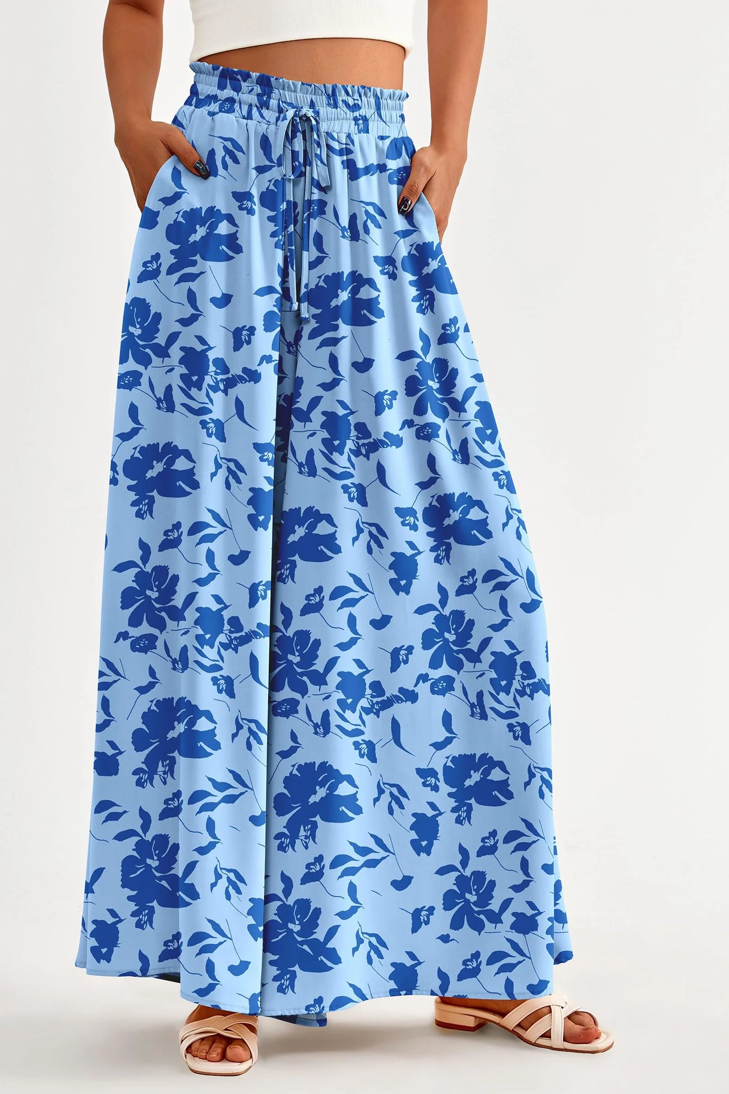Women's Summer Wide Leg Palazzo Pants High Waisted Flowy Pockets Trendy Casual Lounge Boho Beach Trousers