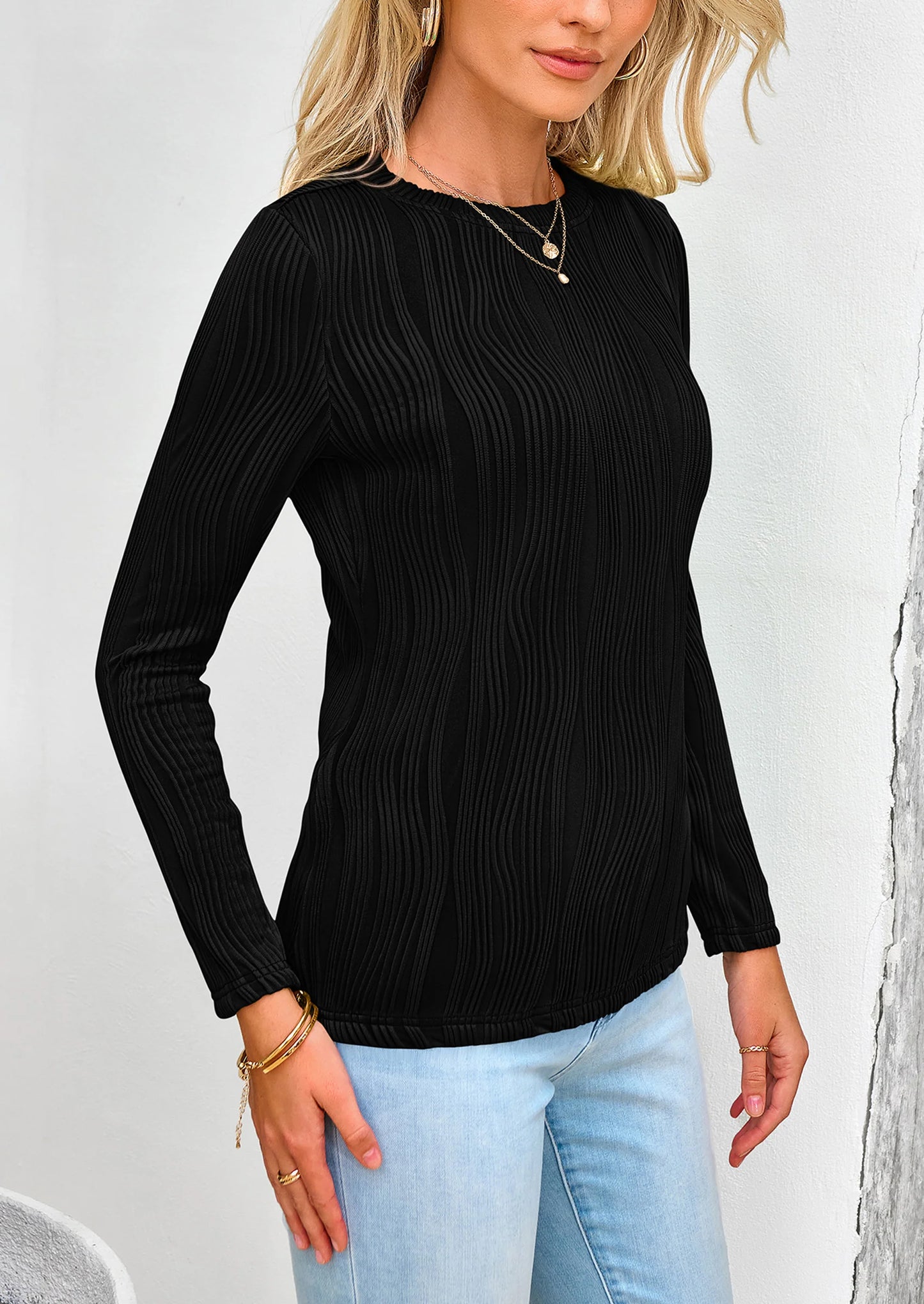 Long Sleeve Tops for Women Spring Fall Trendy Business Dressy Casual Shirts Crewneck Textured Blouse