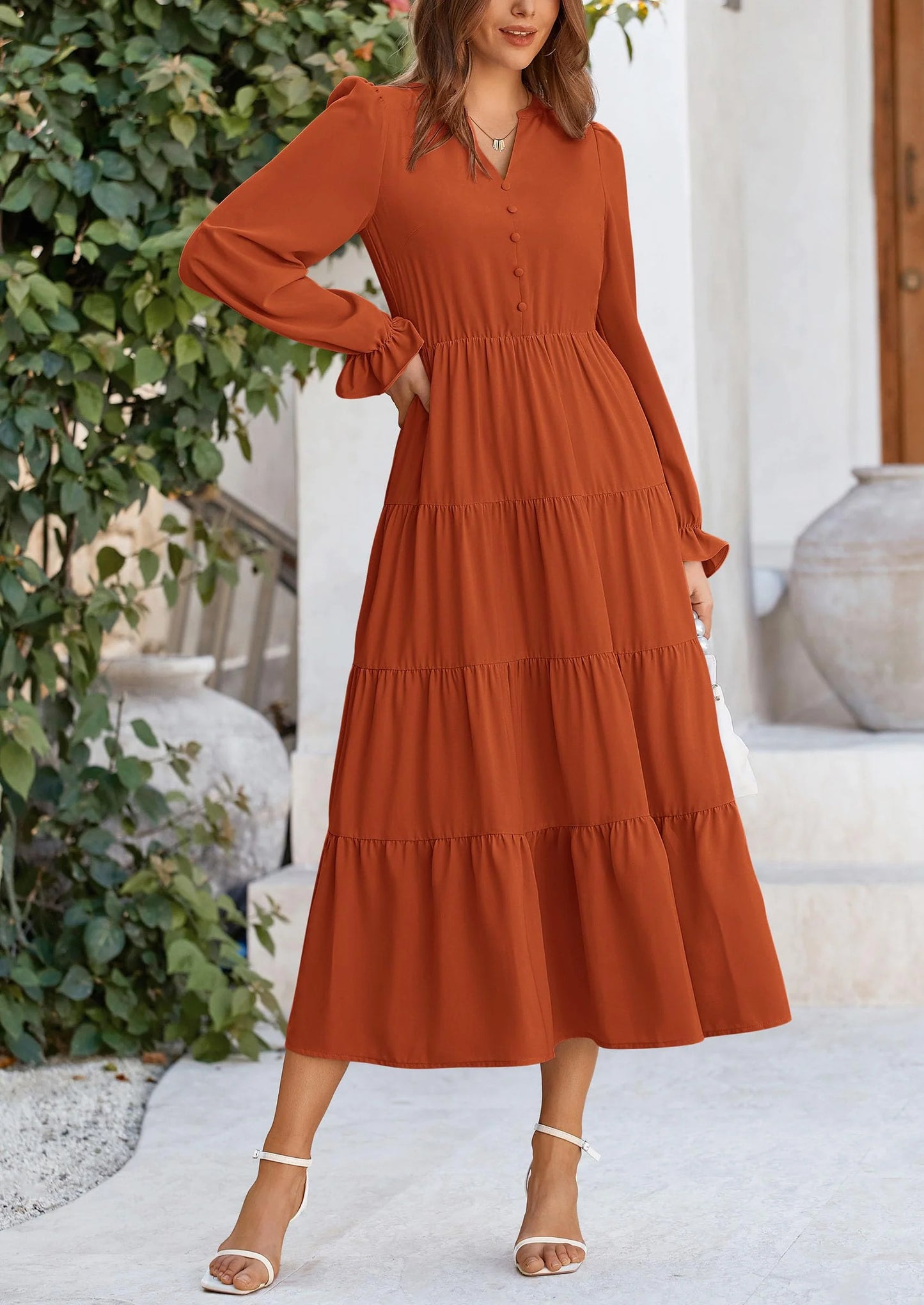 Women Fall Long Sleeve Smocked Maxi Dress Casual Square Neck Swiss Dot Tiered Ruffle Flowy Spring Pocket Dresses