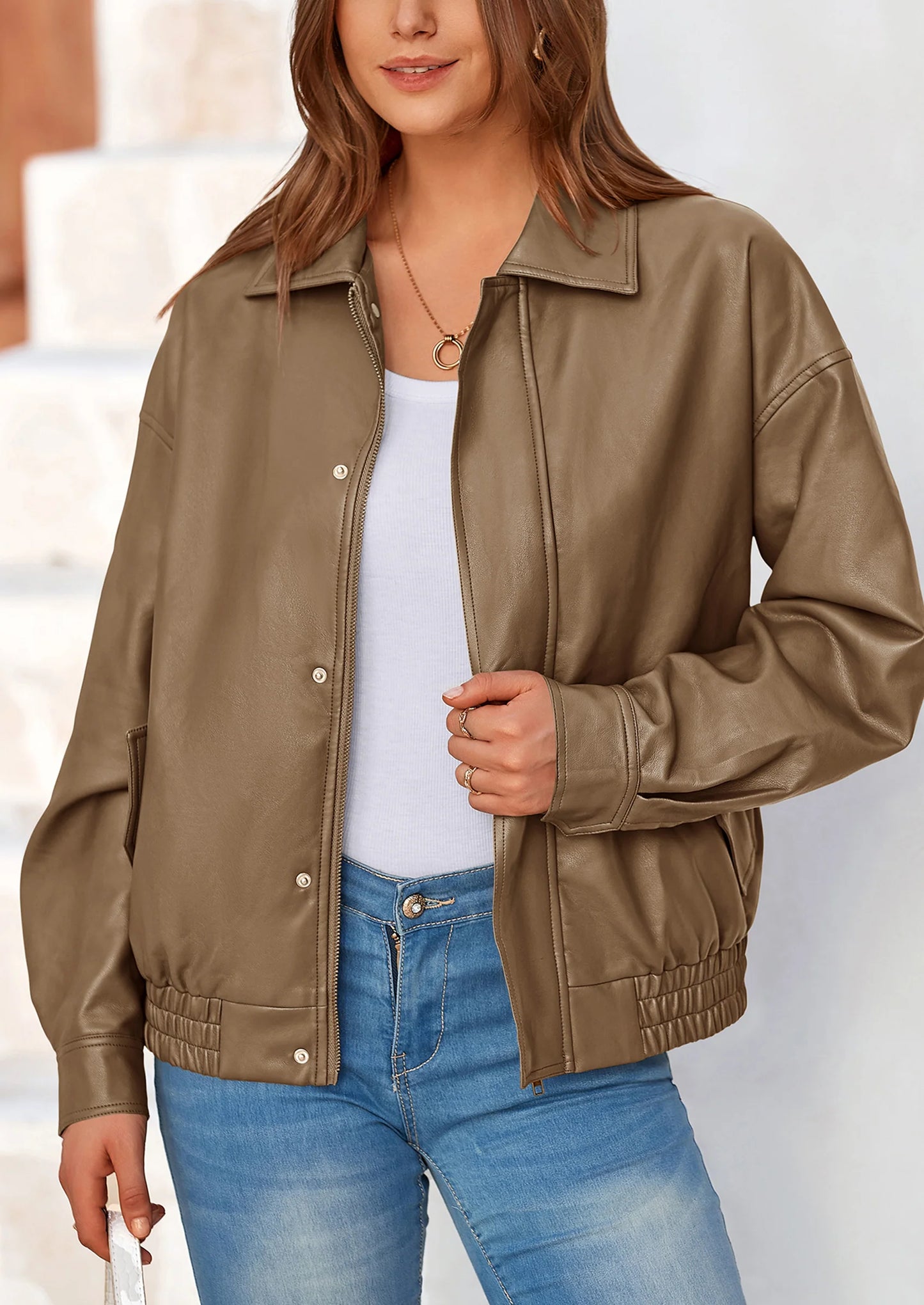 Women's Faux Leather Motorcycle Jacket Trendy Fall Spring Clothes Oversized Zip Up Winter Coat Outerwear