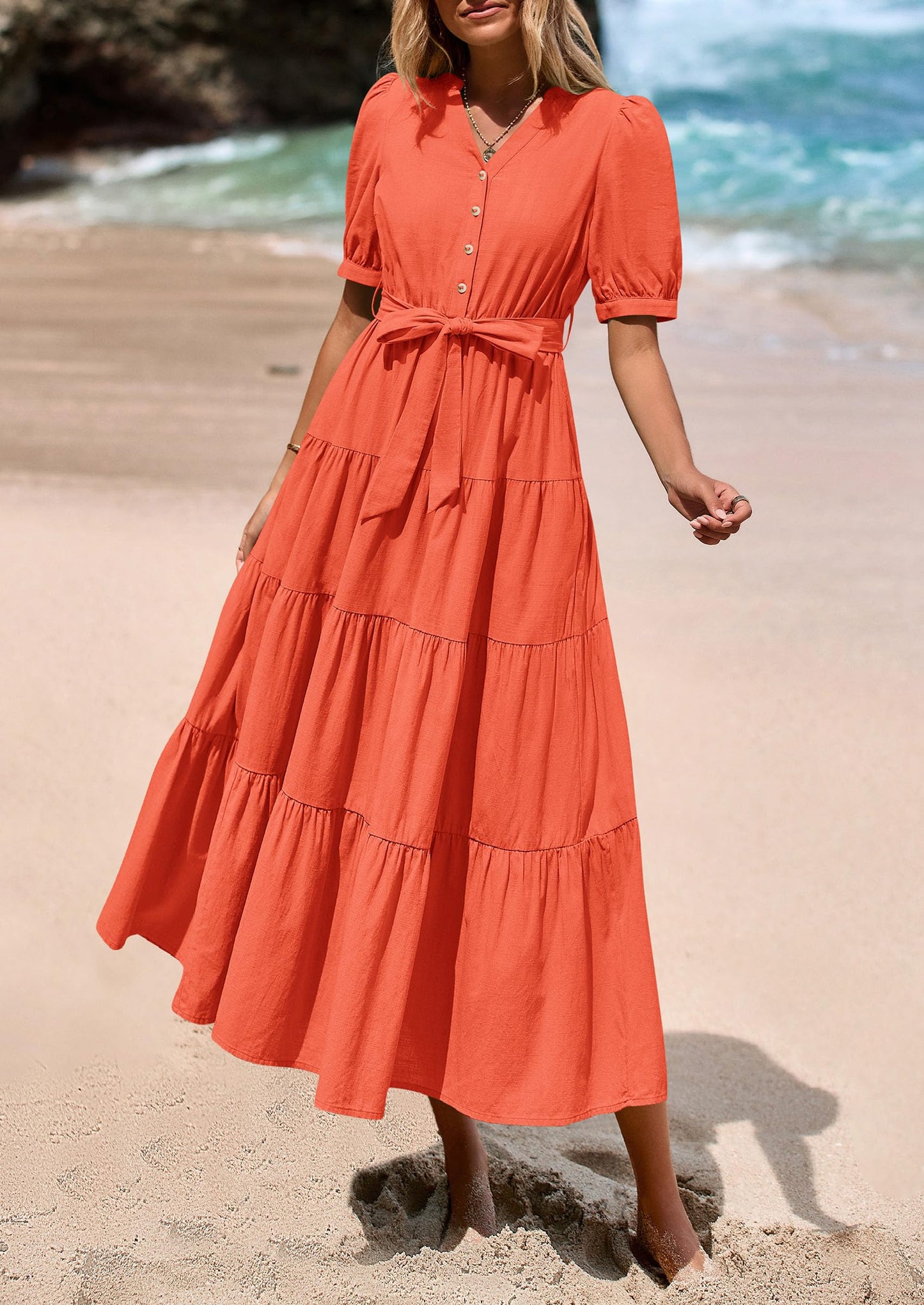 Women's Midi Dress Casual Short Sleeve V Neck Buttons Belted Ruffle A Line Flowy Dress with Pockets
