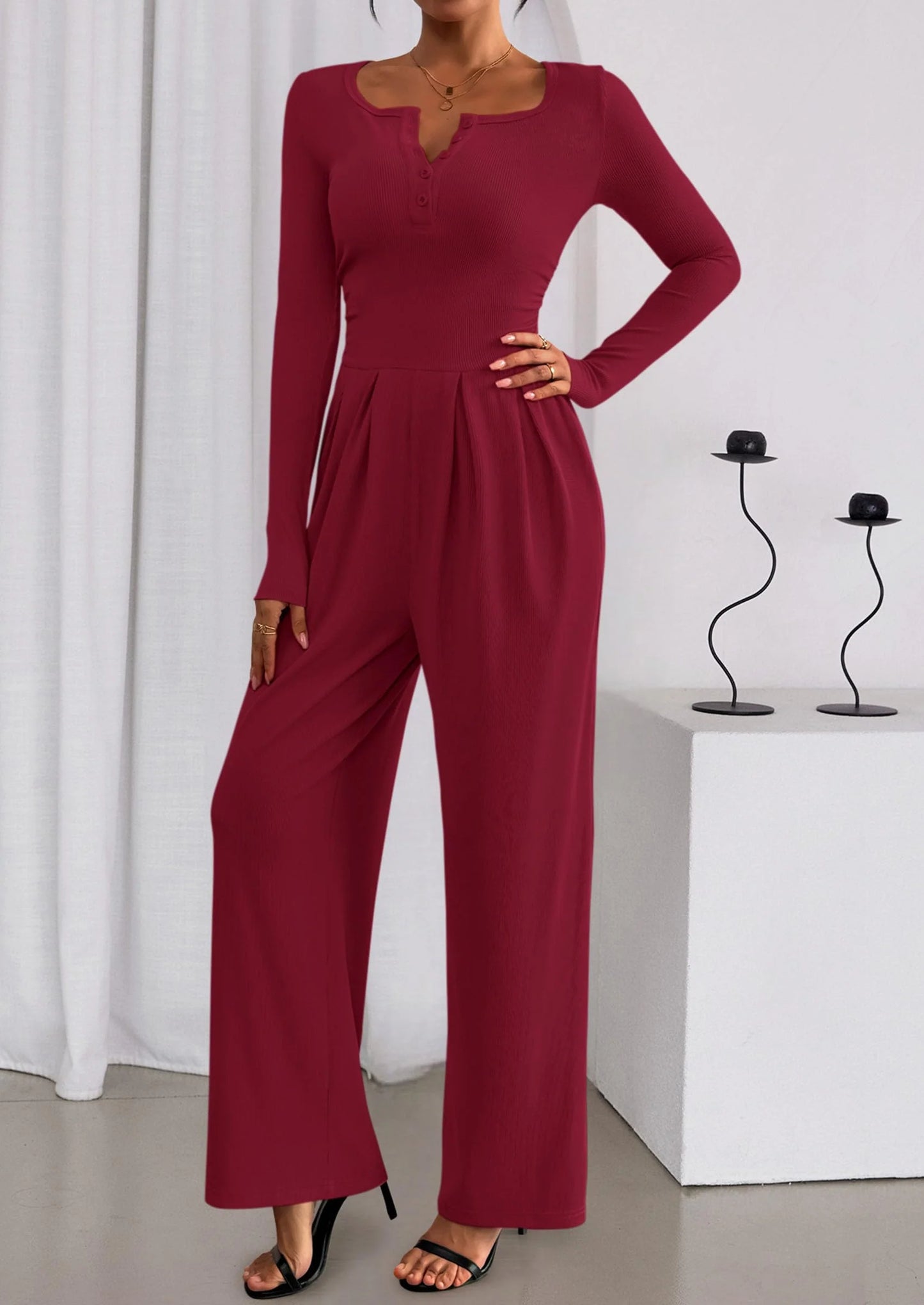 Jumpsuits for Women Dressy Casual Fall One Piece Outfits Long Sleeve Crew Neck Wide Leg Pants Rompers