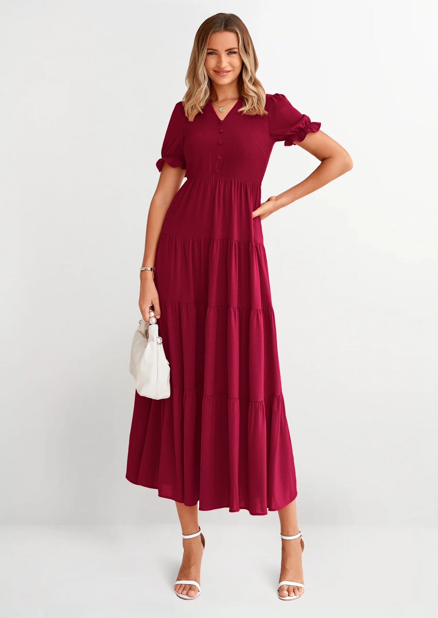 Women's Casual Short Sleeve V Neck Midi Dresses Spring A-line Tiered Wedding Guest Dress