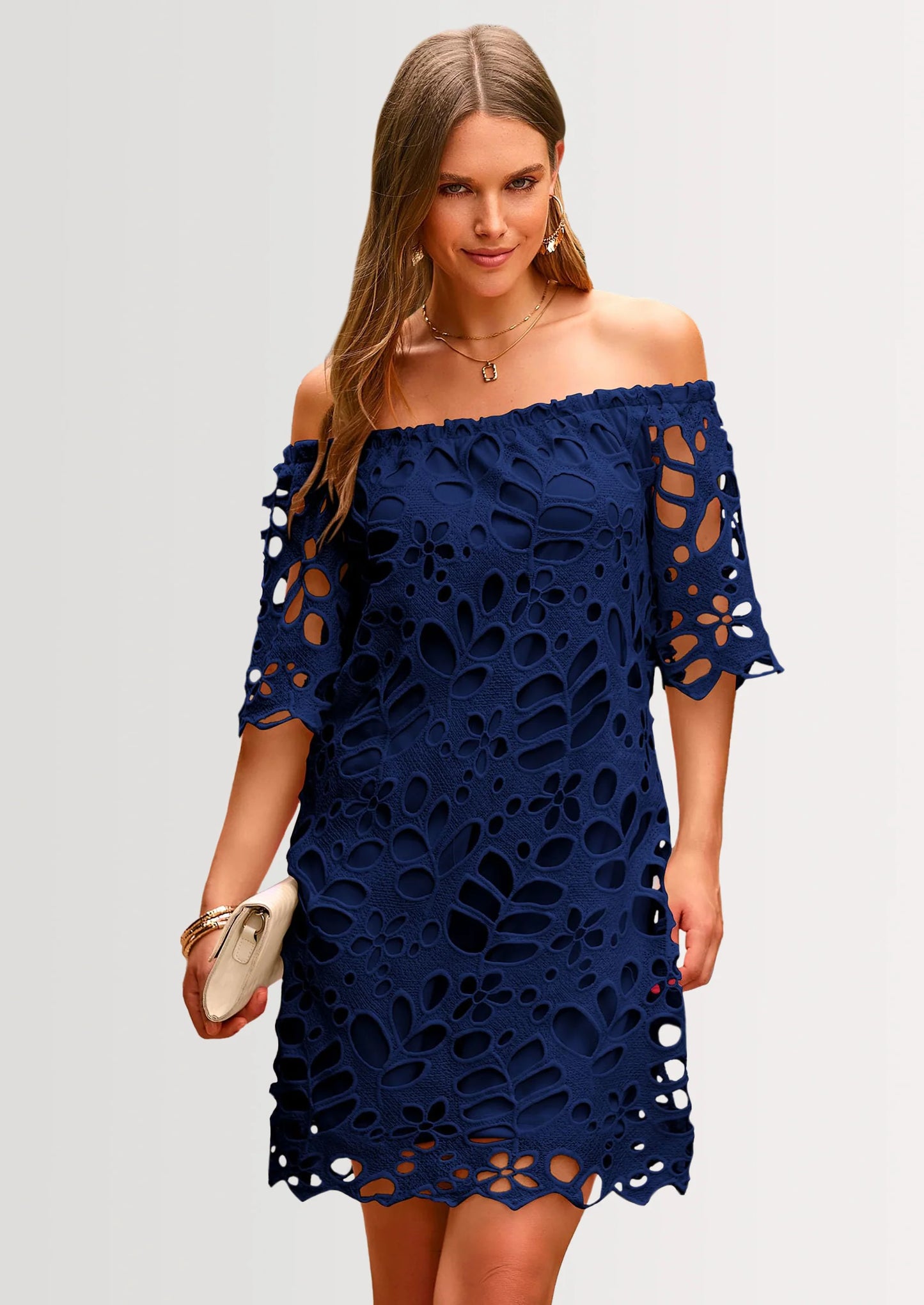 Women's Summer Off Shoulder Dresses Floral Lace Flare Short Sleeve Spring Vintage Elegant Mini Dress