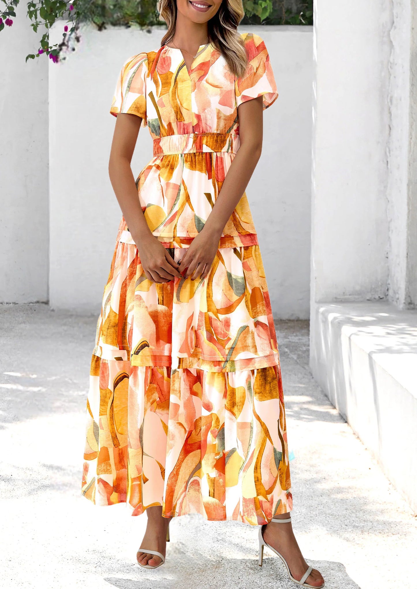 Women's Boho Maxi Dresses Floral Short Sleeve V Neck A Line Tiered Flowy Long Beach Vacation Dress