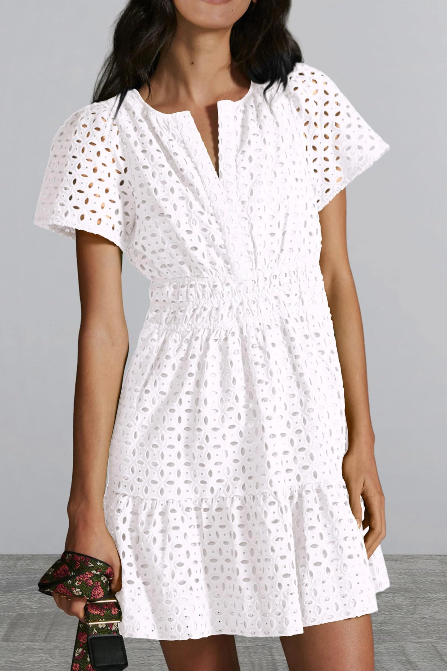 Women Summer Short Dress V Neck Short Sleeve A Line Hollow Out Lace Ruffle Cute Casual Beach Party Dresses