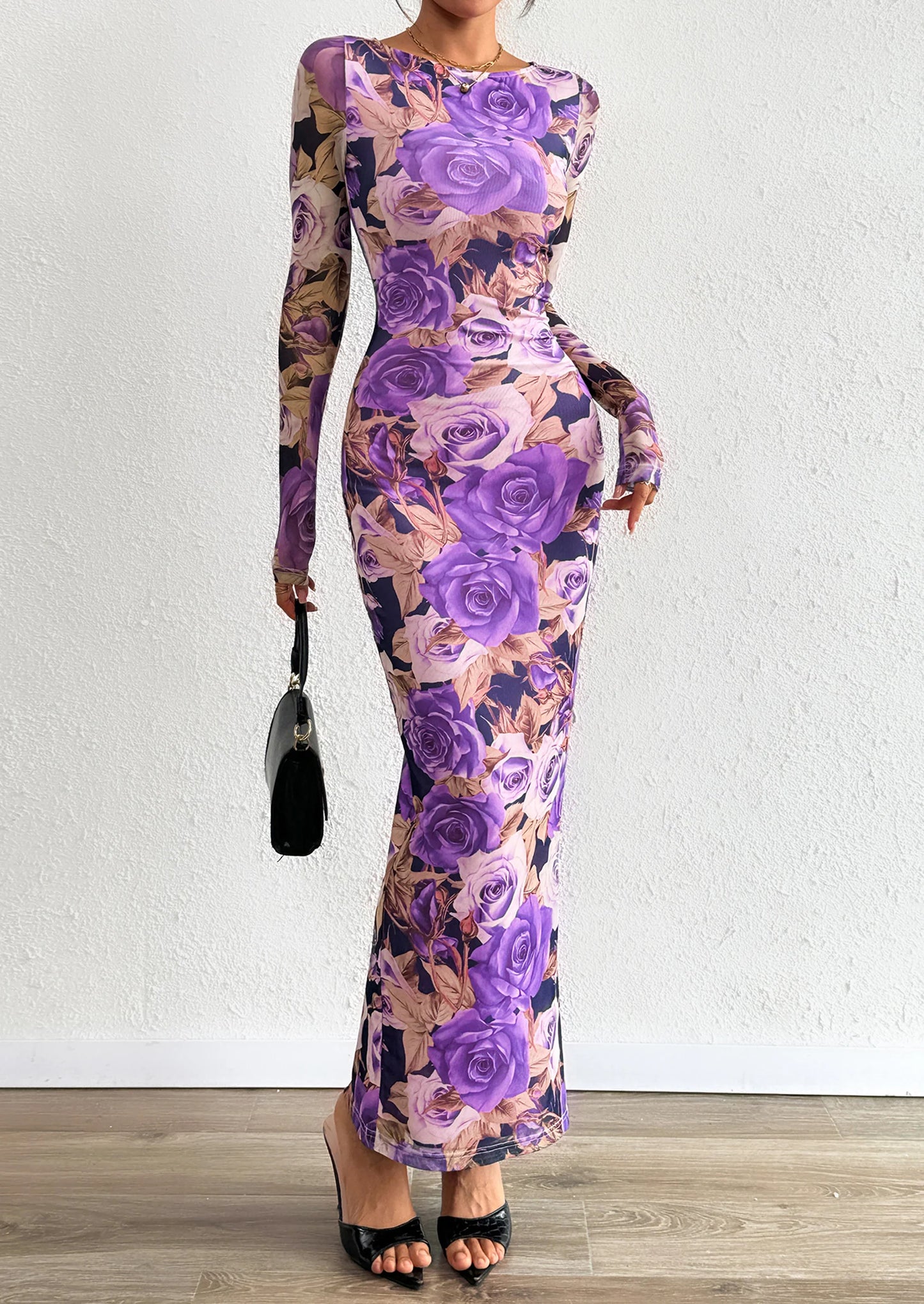 Bodycon Maxi Dress Fall Floral Long Sleeve Sexy Mesh Cocktail Wedding Guest Long Dresses