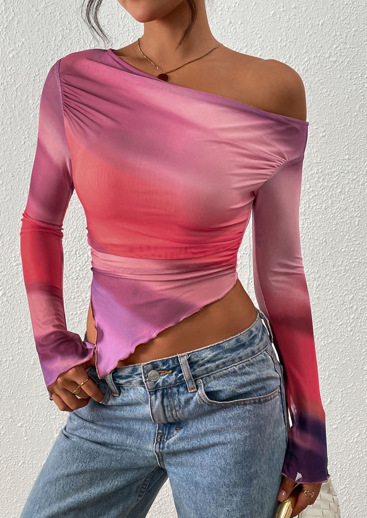 Womens Fall Trendy Off Shoulder Tops Tie Dye Mesh Long Sleeve Shirts Asymmetrical Ruched Floral Blouse