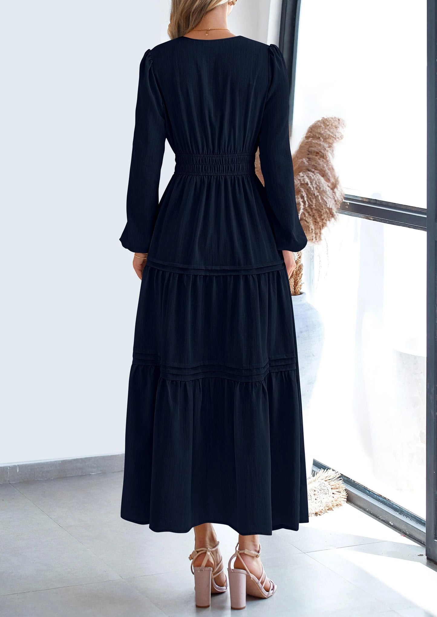 Women's Elegant Maxi Dresses Long Sleeve V Neck Flowy Pockets Casual Modest Dress Fall Fashion Clothes