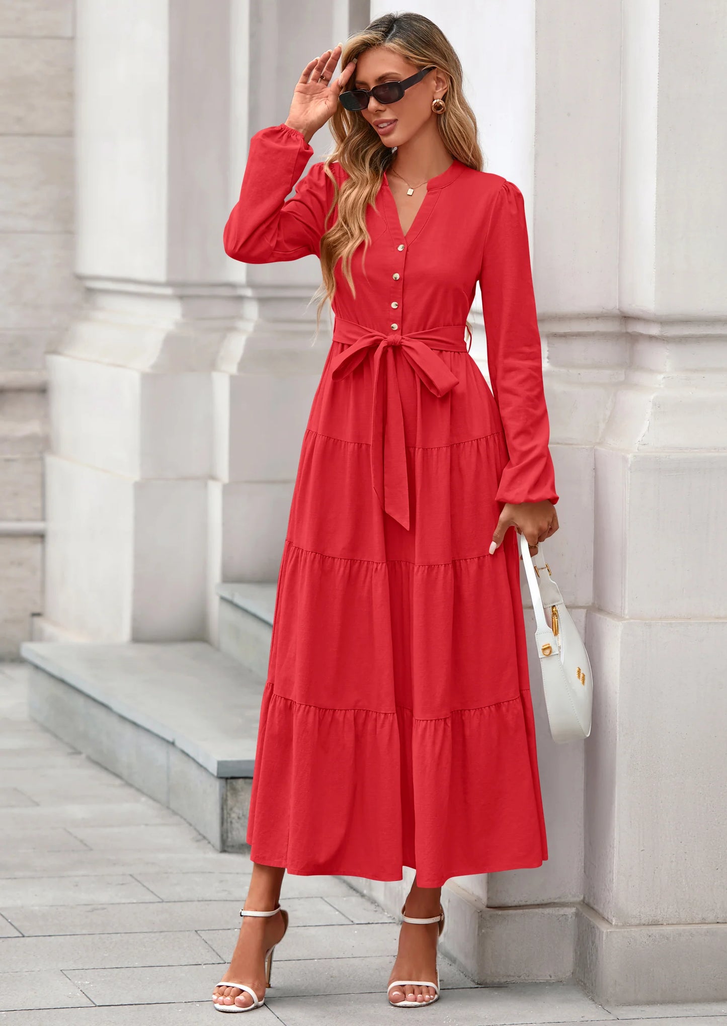 Fall Dresses for Women Long Sleeve V Neck Belted Ruffle A Line Flowy Boho Maxi Wedding Guest Dress Pockets