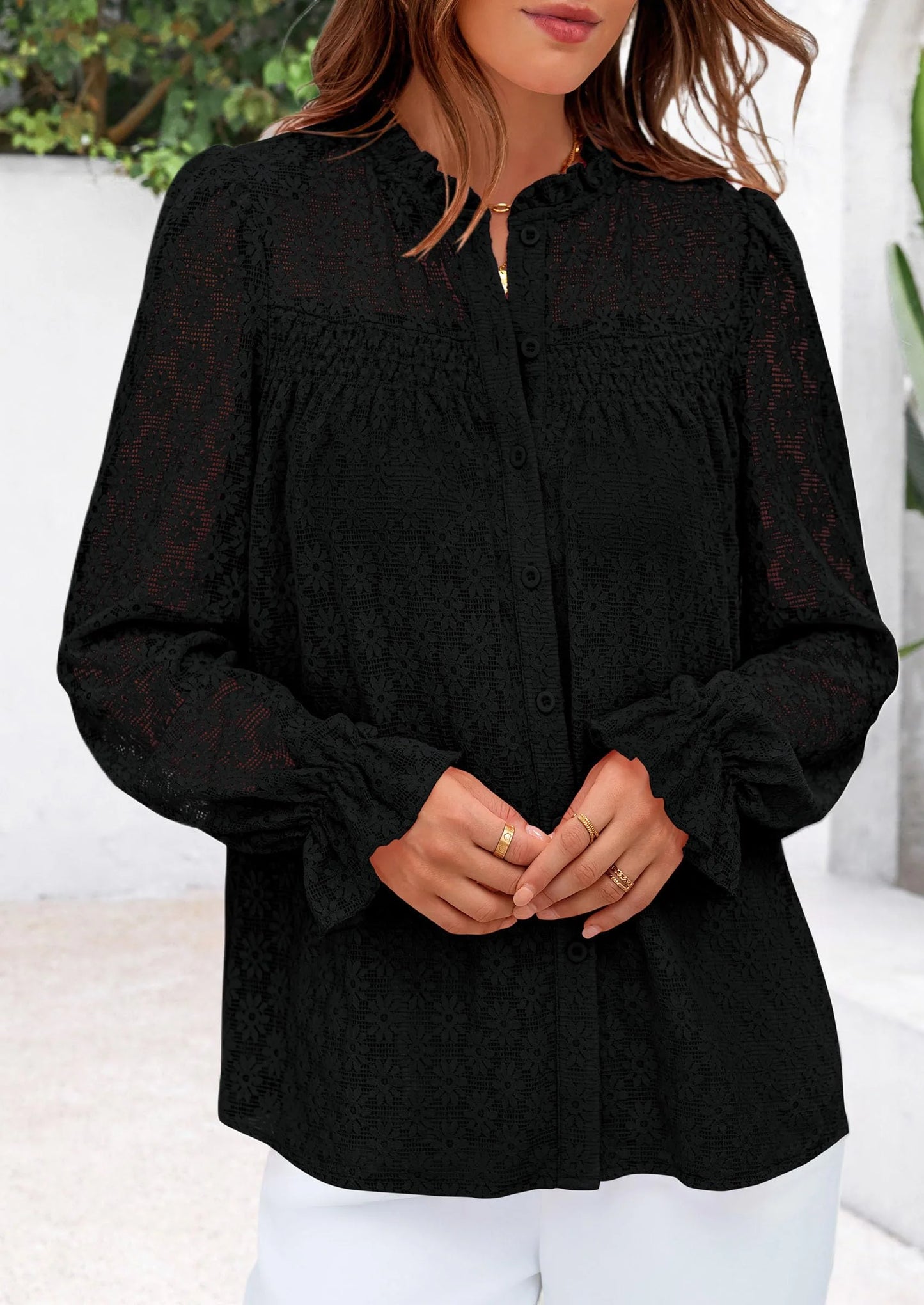 Lace Long Sleeve Tops for Women Eyelet Blouses Dressy Casual Hollow Out Button Down Shirts Summer Outfits