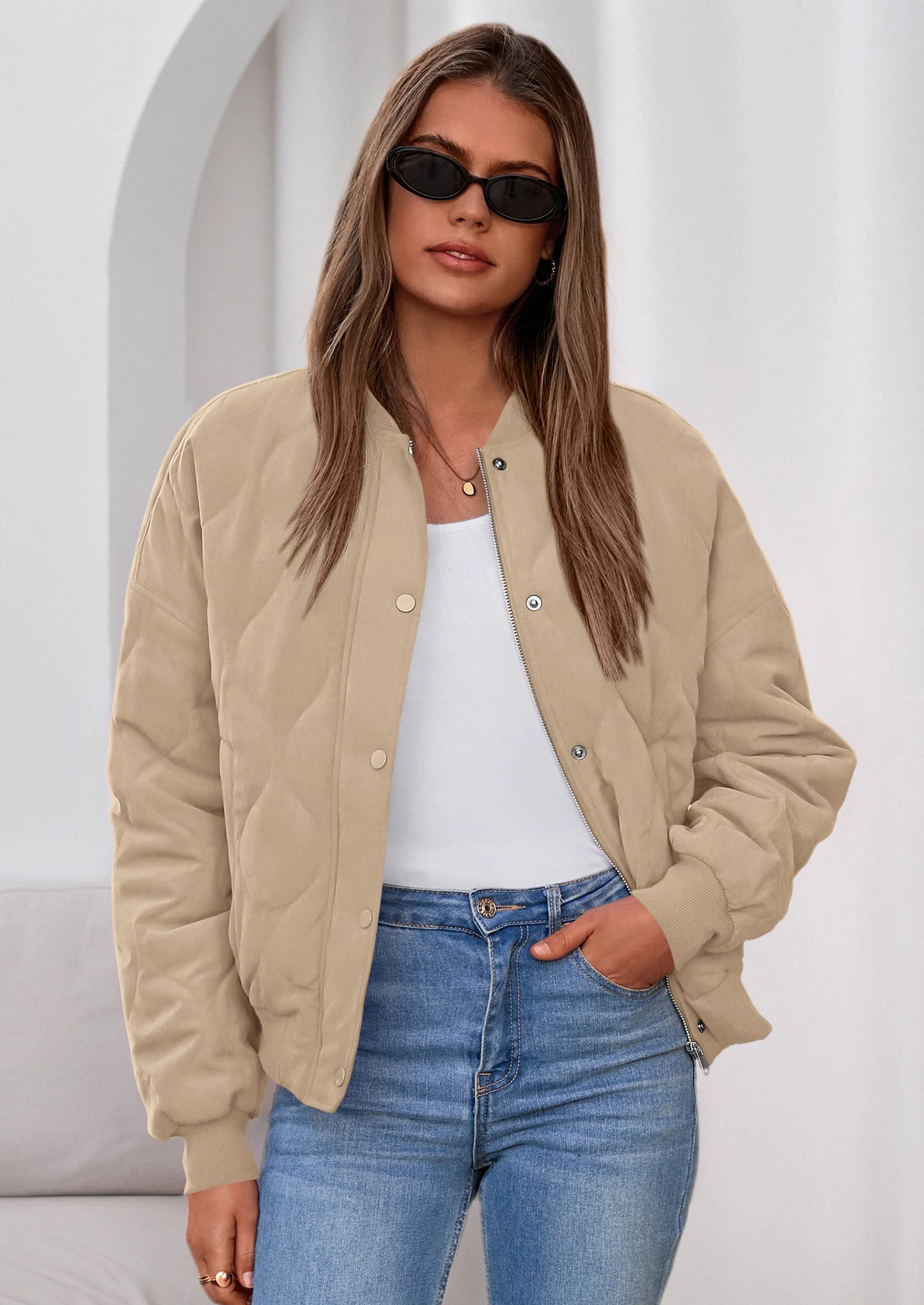 Women's Quilted Bomber Jacket Fall Fashion Lightweight Cropped Zip up Outerwear Winter Puffer Coats Pockets