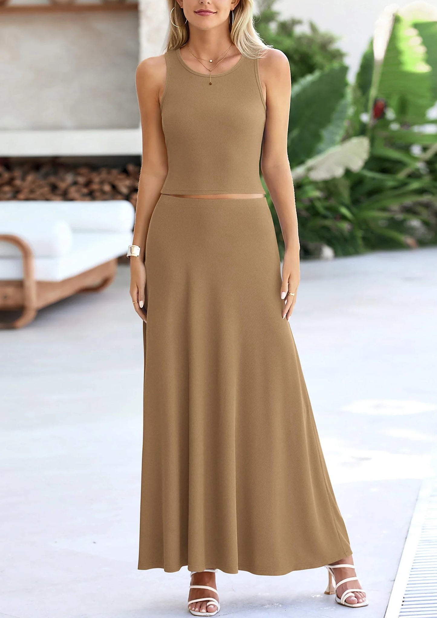 2 Piece Maxi Skirt Sets Casual Knit Cropped Tank Top High Waisted Long Skirts Outfit