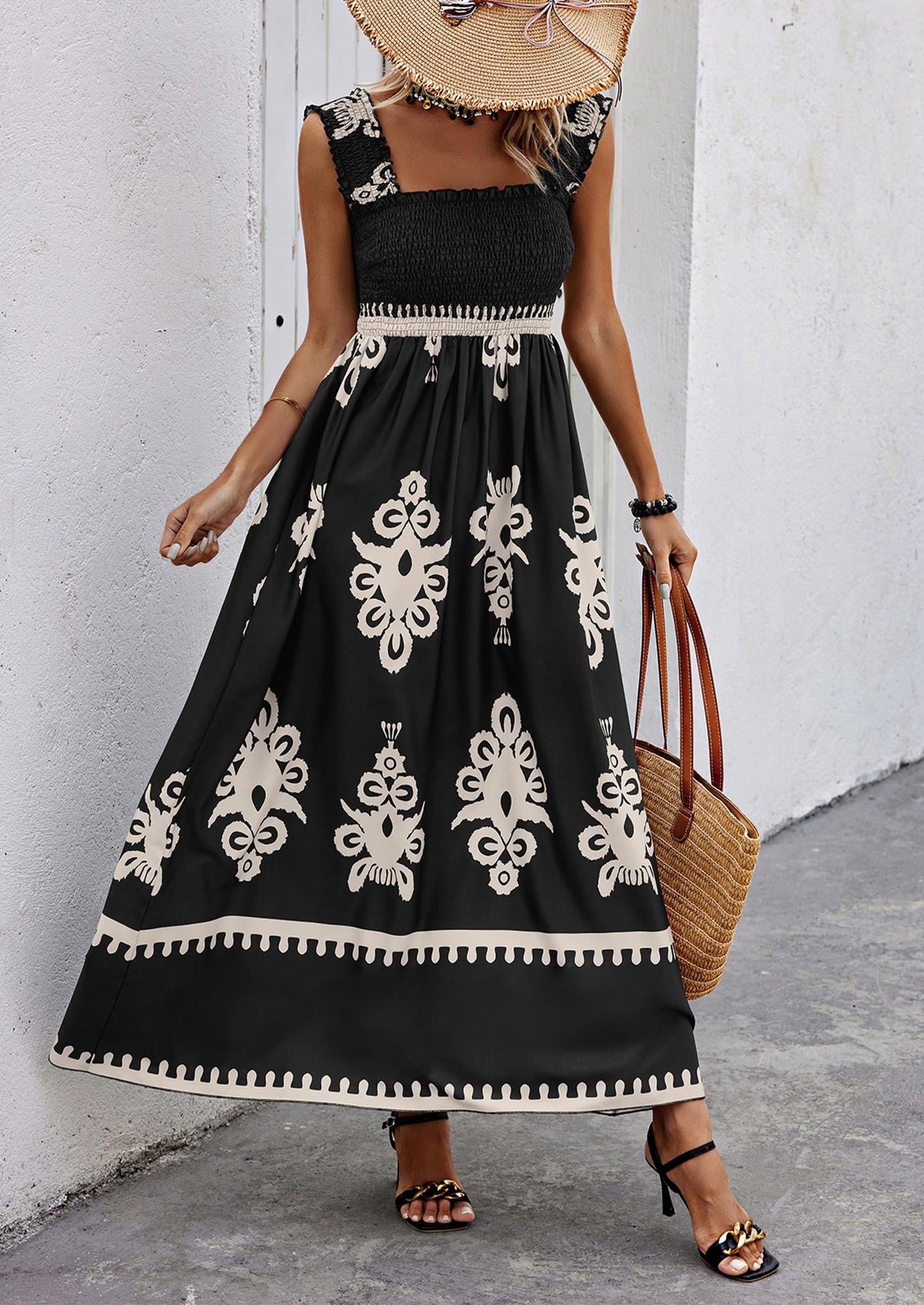 Womens Summer Boho Maxi Dress Casual Sleeveless Square Neck Floral Aline Smocked Beach Dresses with Pockets