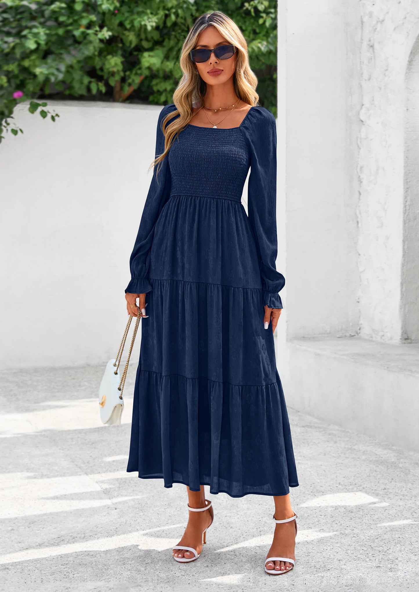 Fall Wedding Guest Dresses for Women Floral Long Sleeve Smocked Tiered Elegant Long Flowy Boho Dress