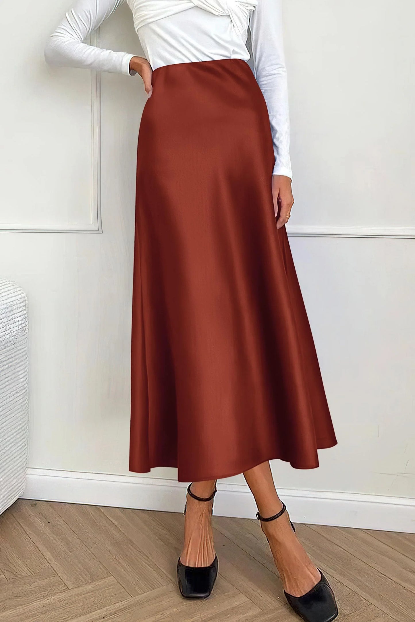 Women's Satin Skirts Dressy Casual Fall High Waisted Cocktail Wedding Flowy Elegant A Line Midi Skirt