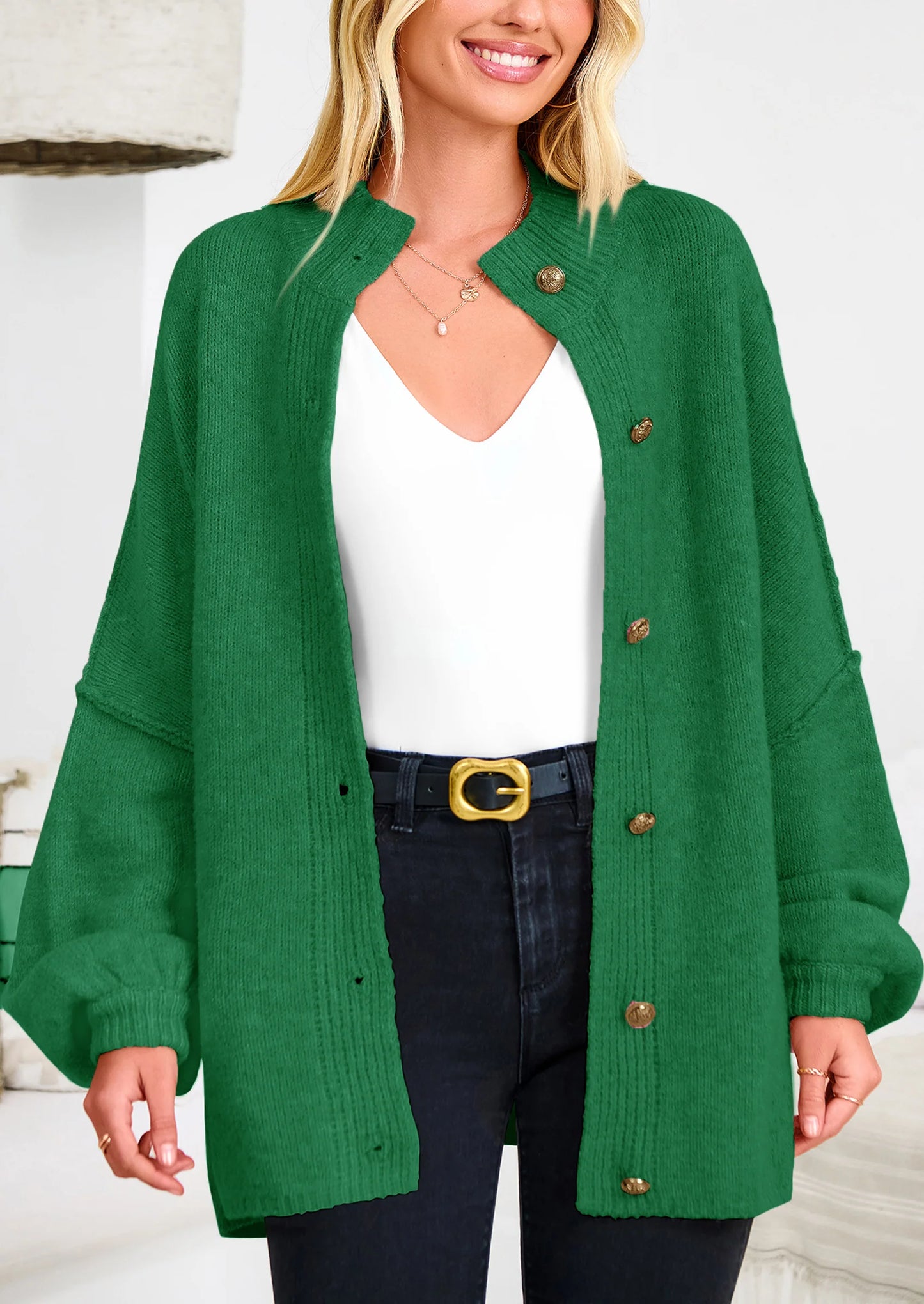Women's Winter Button Down Cardigan Sweaters Mock Neck Lantern Long Sleeve Chunky Knit Jacket Trendy Outerwear