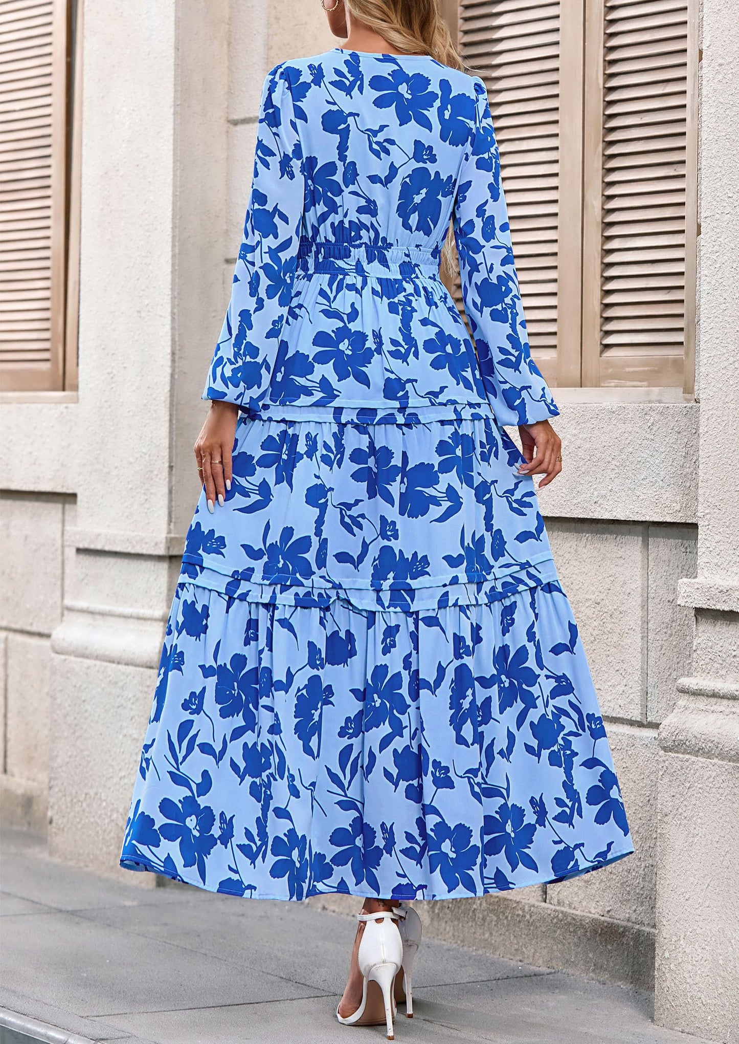 Women's Fall Boho Maxi Dresses Floral Long Sleeve V Neck Flowy Elegant Wedding Guest Dress Vacation Outfits