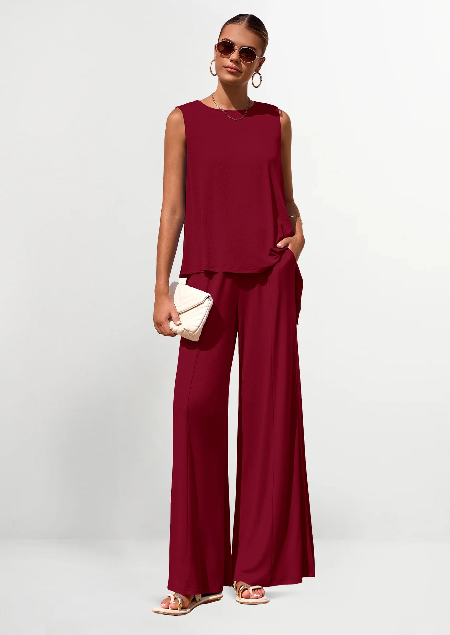 Women's Two Piece Matching Lounge Sets Asymmetrical Split Tank Tops Wide Leg Pants Summer Outfits Tracksuit
