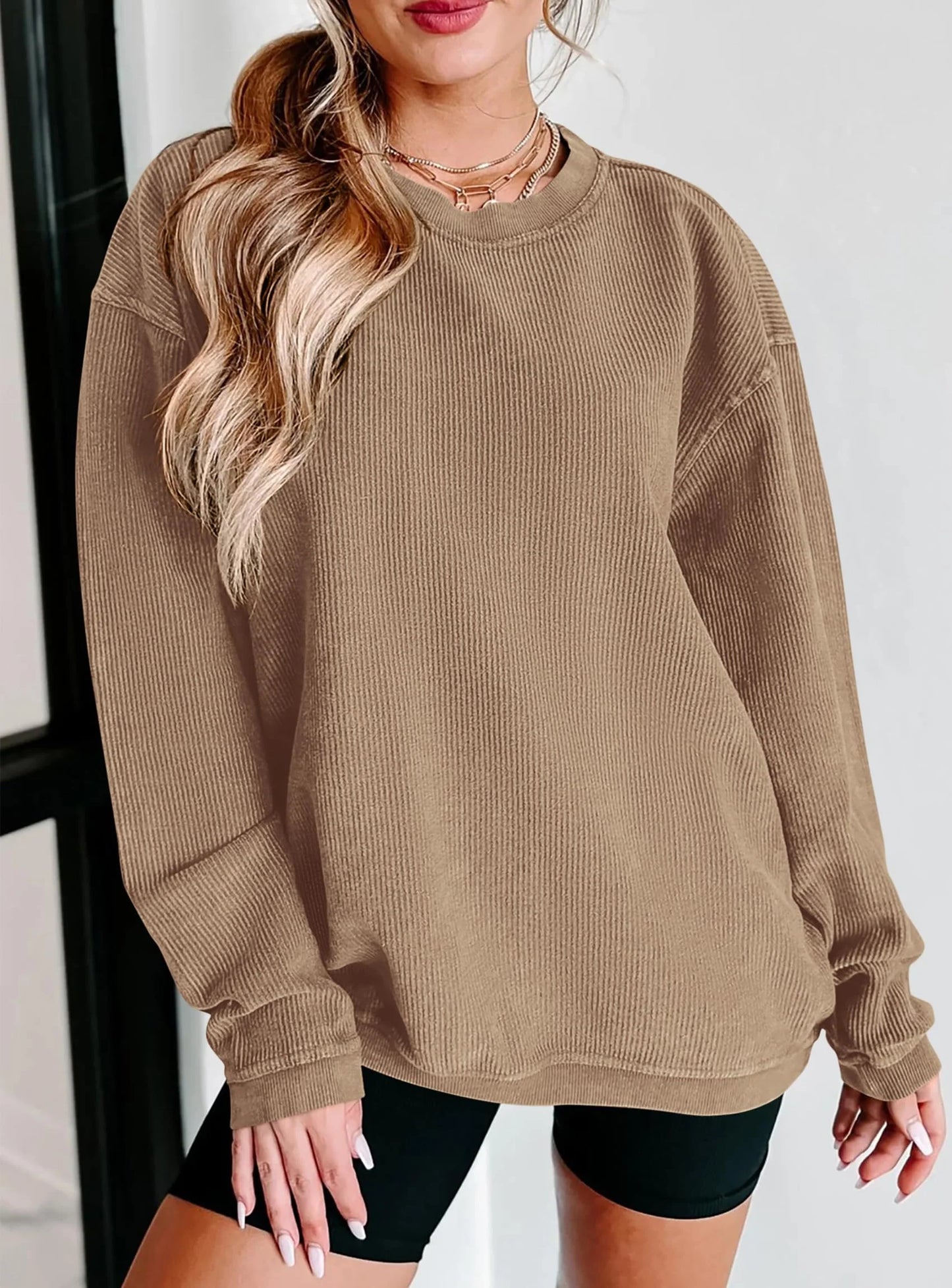 Women's Oversized Sweatshirt 2025 Fall Fashion Clothes Ribbed Corduroy Long Sleeve Going Out Pullover Tops