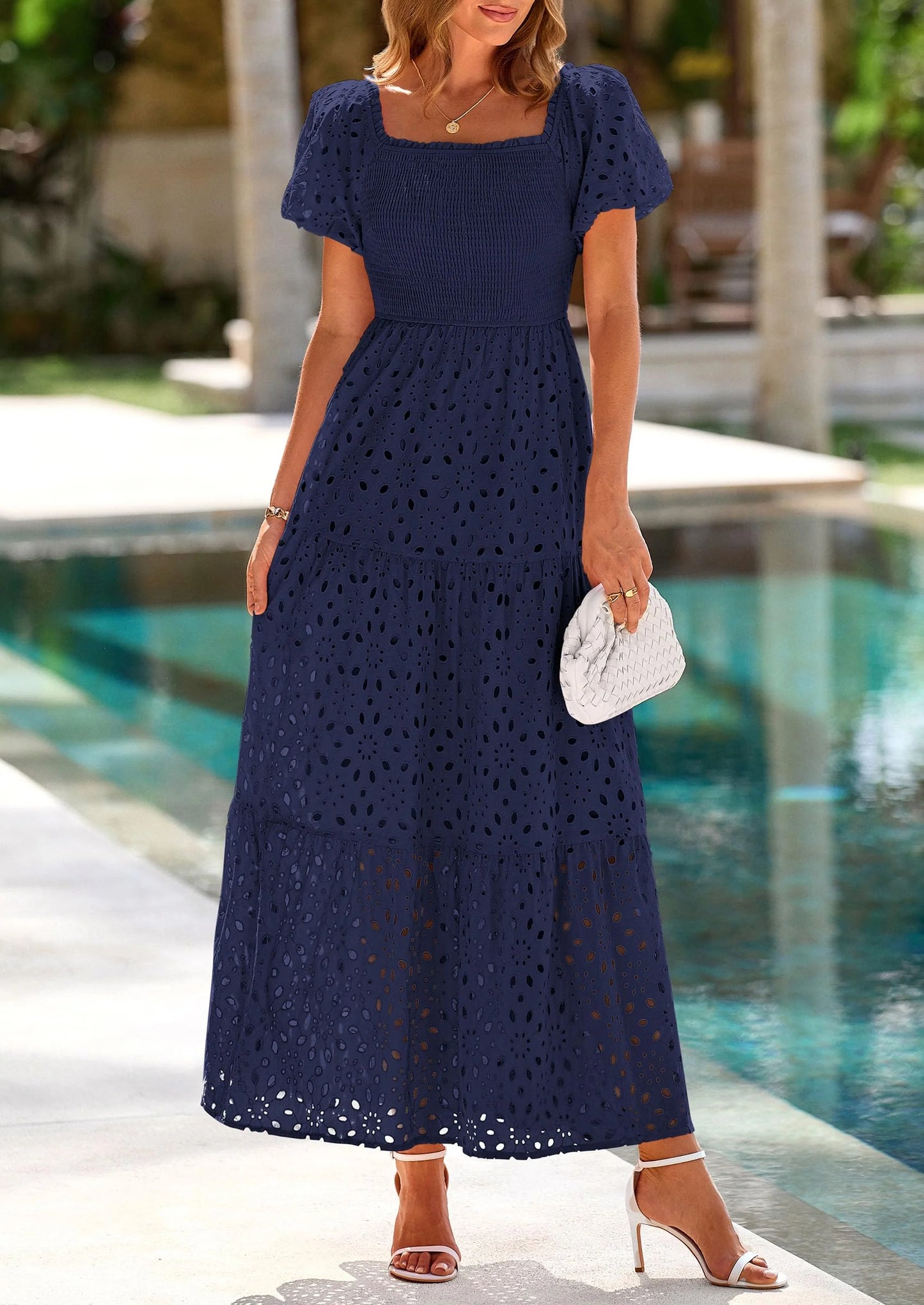 Dresses for Women Eyelet Square Neck Puff Sleeve Smocked Wedding Guest Maxi Dress with Pockets