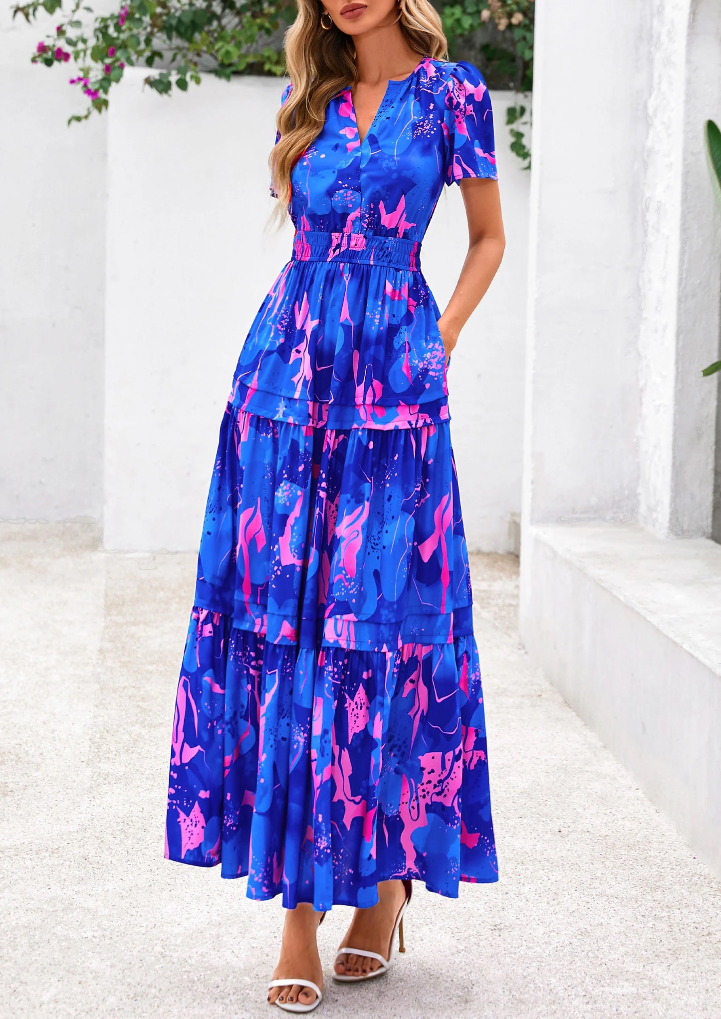 Women's Boho Maxi Dresses Floral Short Sleeve V Neck A Line Tiered Flowy Long Beach Vacation Dress