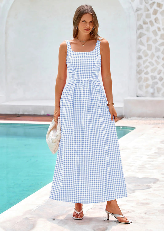 Women's Summer Spaghetti Strap Maxi Dresses Plaid Square Neck A Line Casual Beach Vacation Long Sundress
